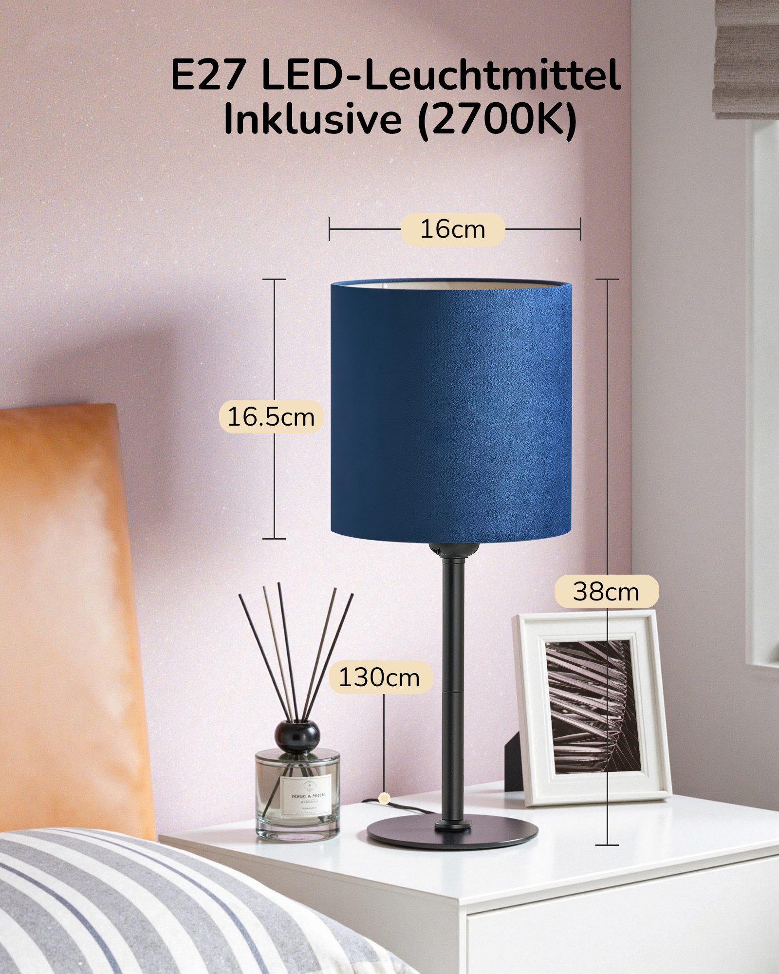 EDISHINE Nachttischlampe mit schwarzem Metallsockel und Samtschirm, LED wechselbar, Warmweiß, Blaue Vintage Tischlampe inkl. 2700K LED Leuchtmittel, 38cm