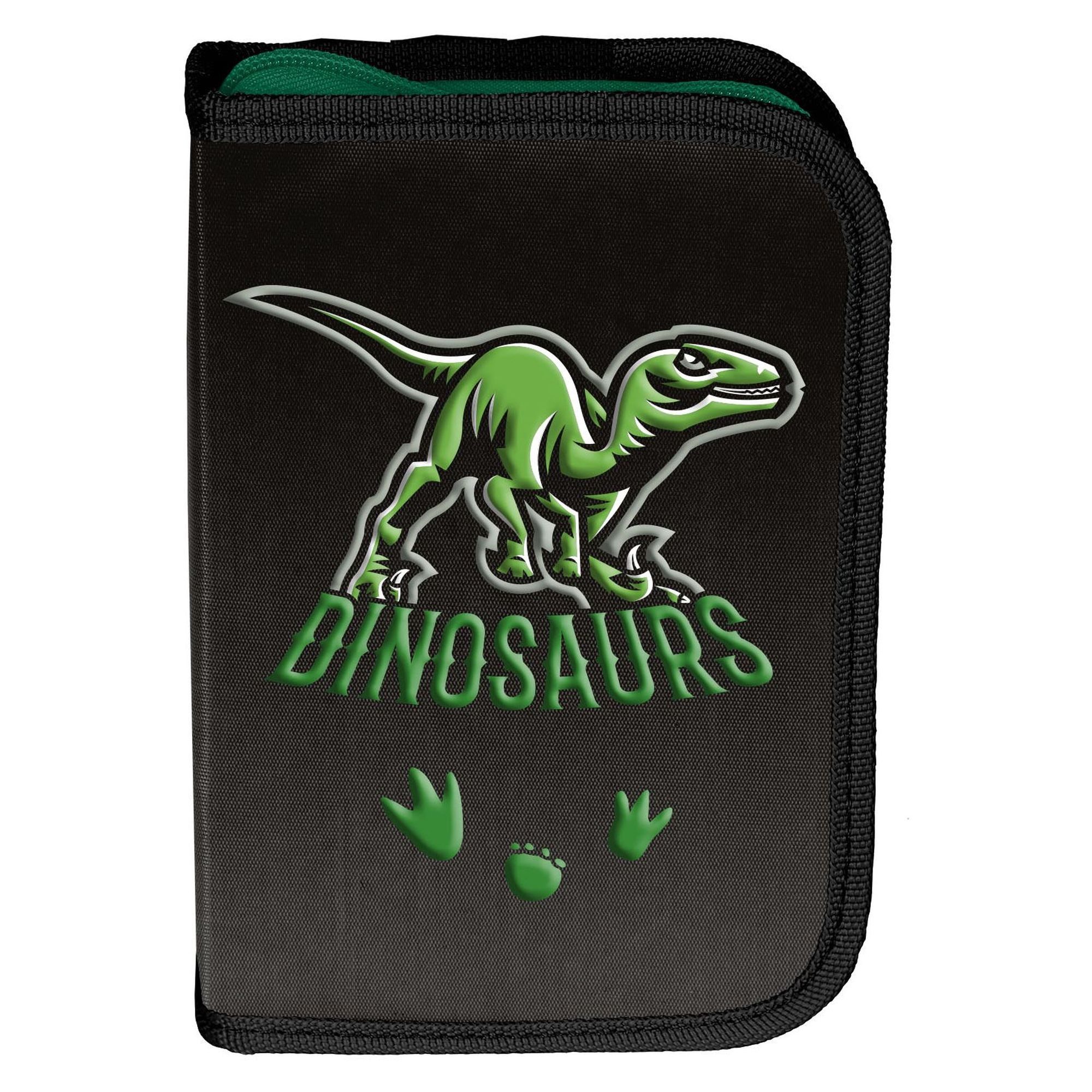 PASO Schulranzen 3-teiliges Schulset: Dinosaurier - schwarz (Rucksack + Tunrbeutel + unbefüllte Federmappe)