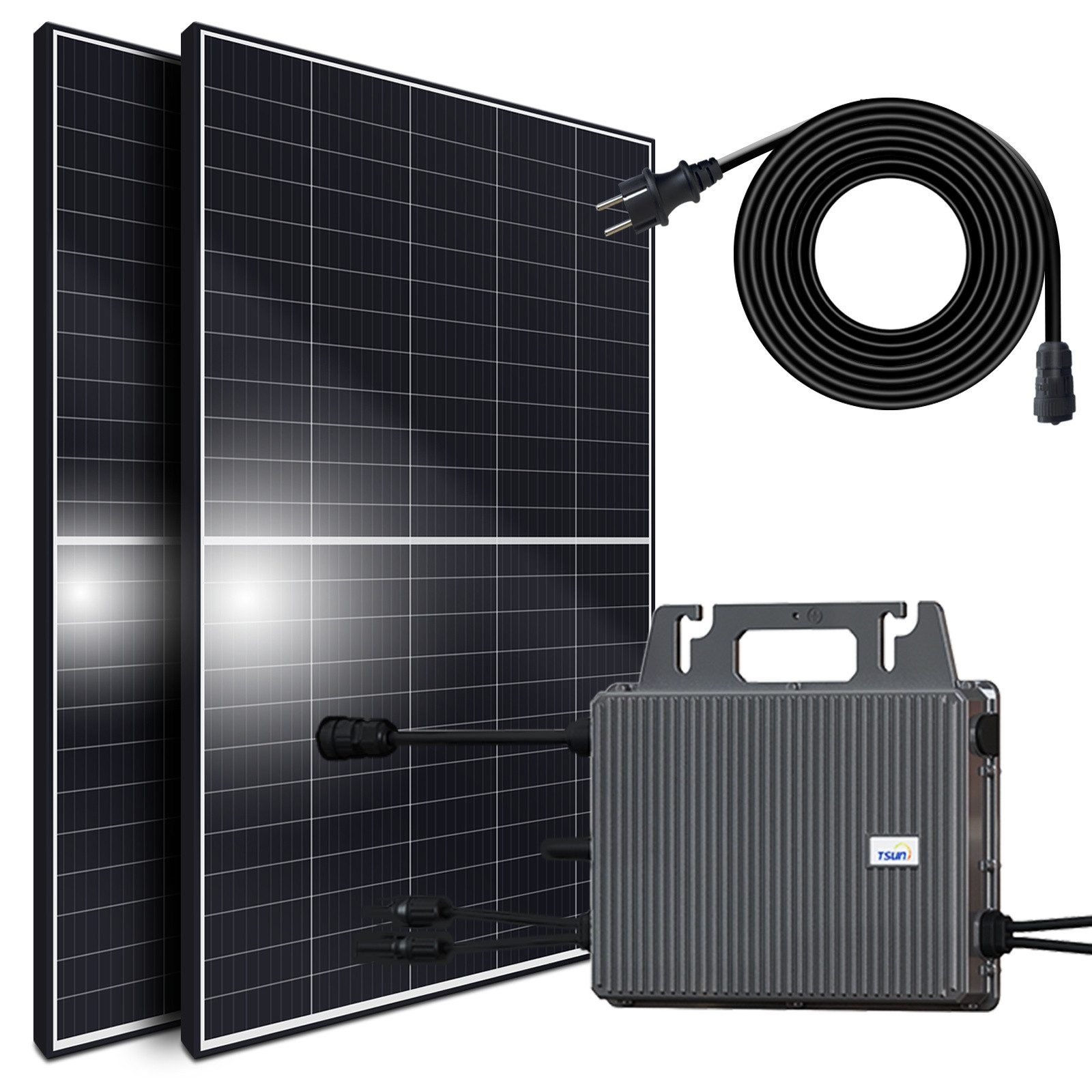 SUNNIVA Balkonkraftwerk 900W/800W komplett Steckdose, (TSUN 800W Wechselrichter - PV Solaranlage Komplettset - 2x 450W Solarmodule - inkl. 5m Kabel - Bluetooth WIFI)