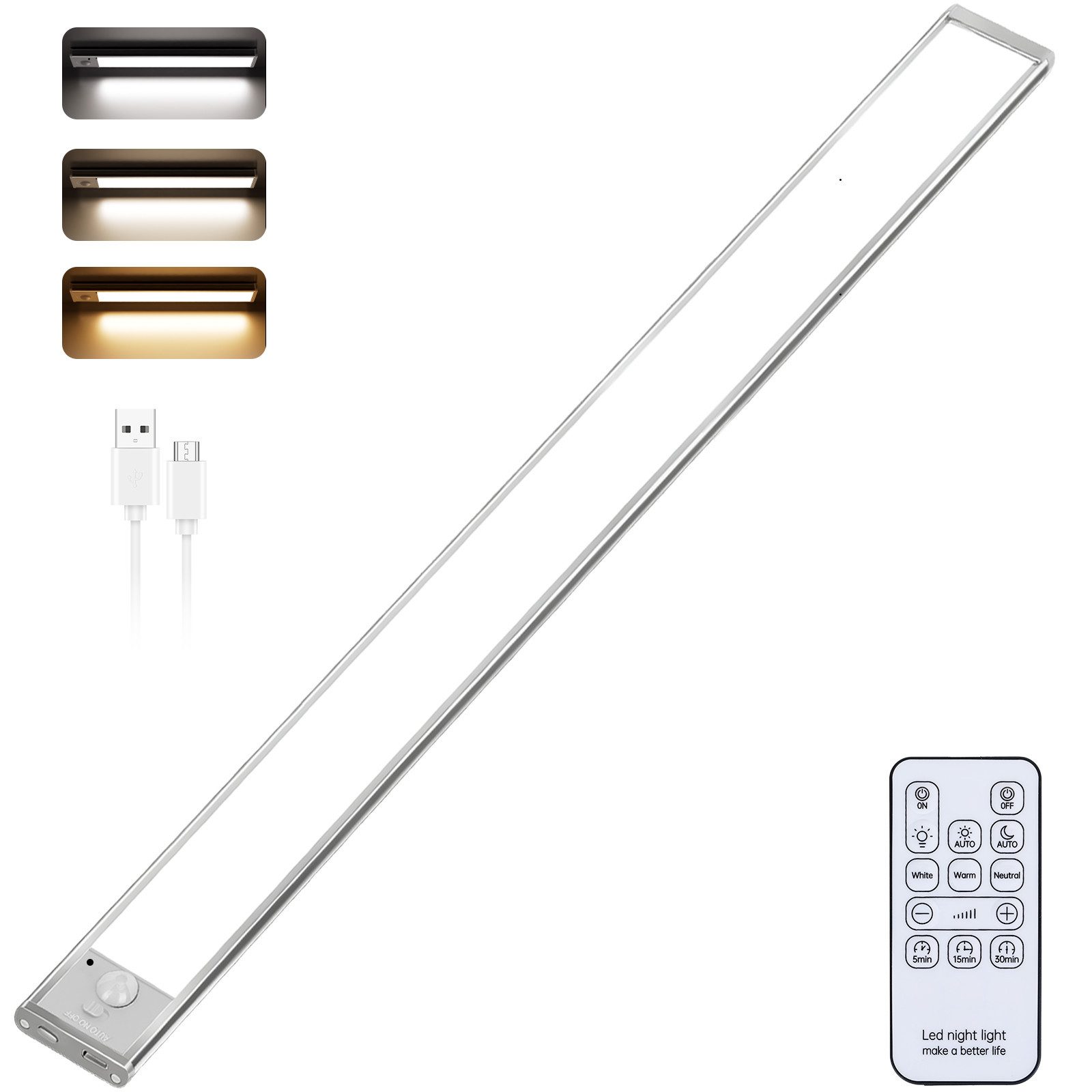Lujasi LED Unterbauleuchte 30/40/60cm Unterbauleuchte Küche LED, – 2er Set Schrankbeleuchtung, Integrierter Akku, LED fest integriert, nicht austauschbar, 5V/1A, 120°/3m, Kabellos, KaltweiB, NeutralweiB, WarmweiB, mit Bewegungsmelder Fernbedienung, USB-C, Magnetische Lichtleiste