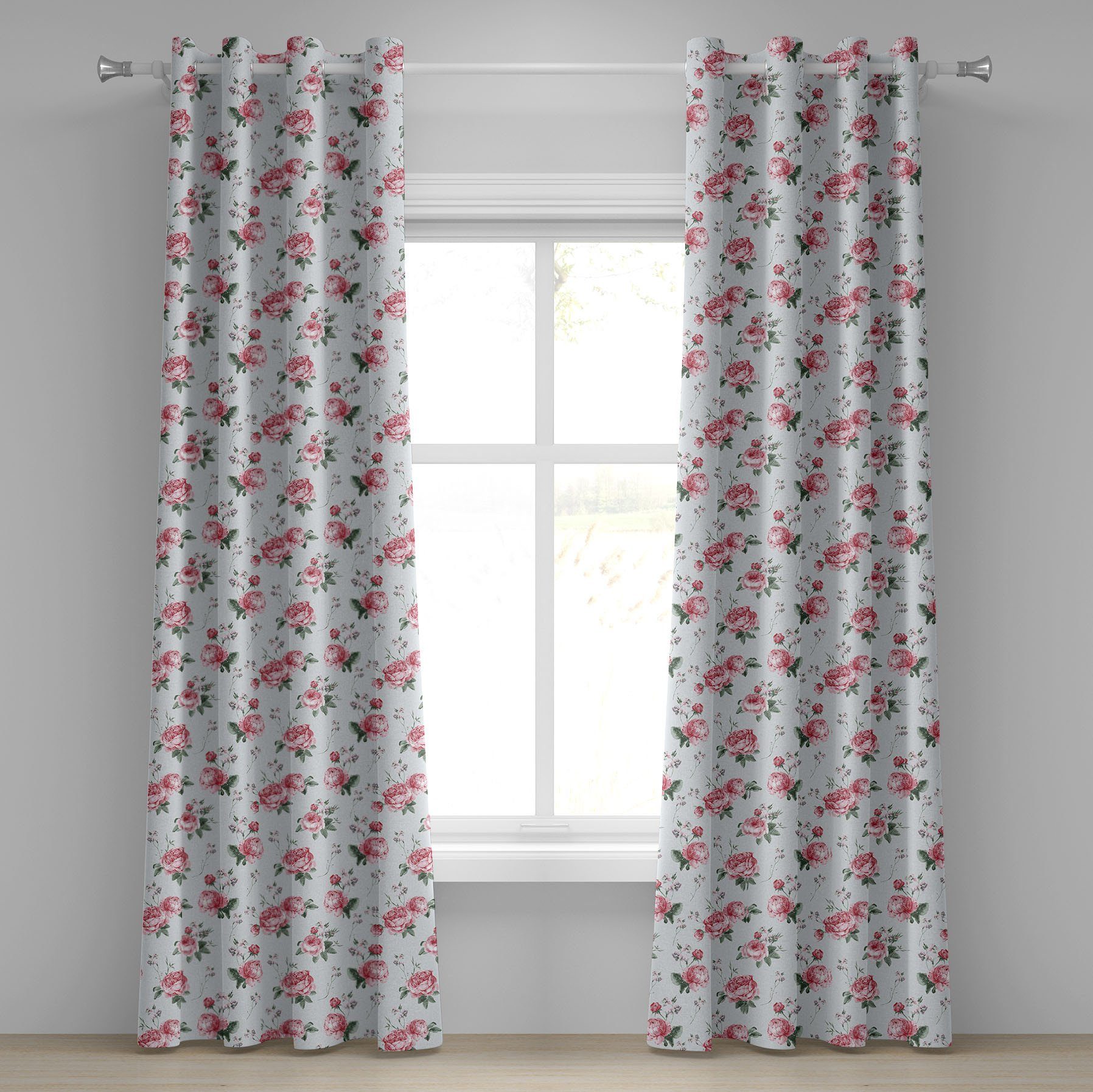 Rosa Blüten-Englisch 2-Panel-Fenstervorhänge Flora Abakuhaus, Rose Dekorative Gardine Wohnzimmer, für Schlafzimmer