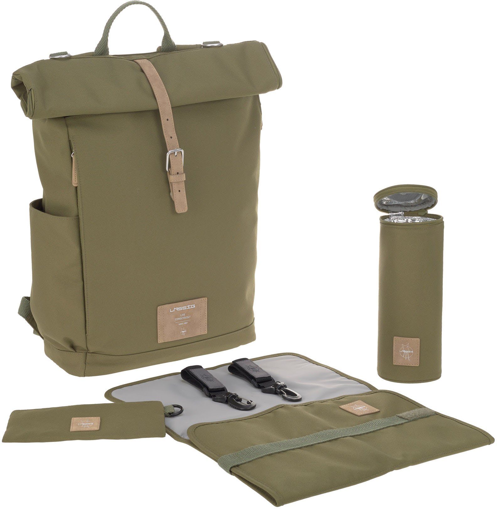 aus Olive, Green zum LÄSSIG Teil vegan; Rolltop, PETA-approved Label, Material Wickelrucksack recyceltem