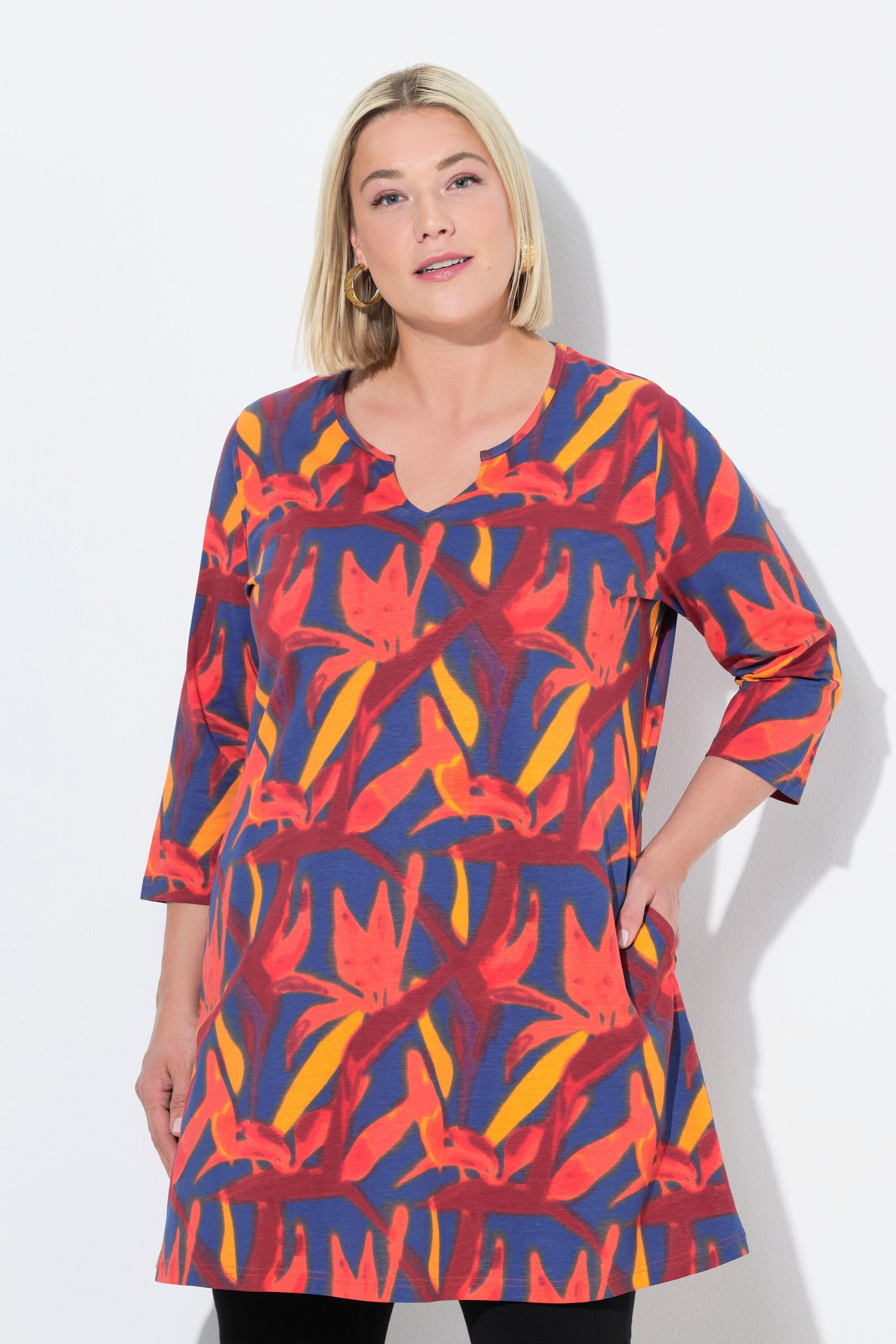 Longshirt Longshirt A-Linie Tunika-Ausschnitt 3/4-Arm