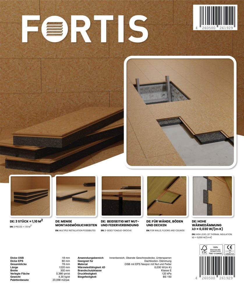 fortis Dämmplatte Dämmung Dachboden/Ausbau Elemente OSB 18 mm + 60