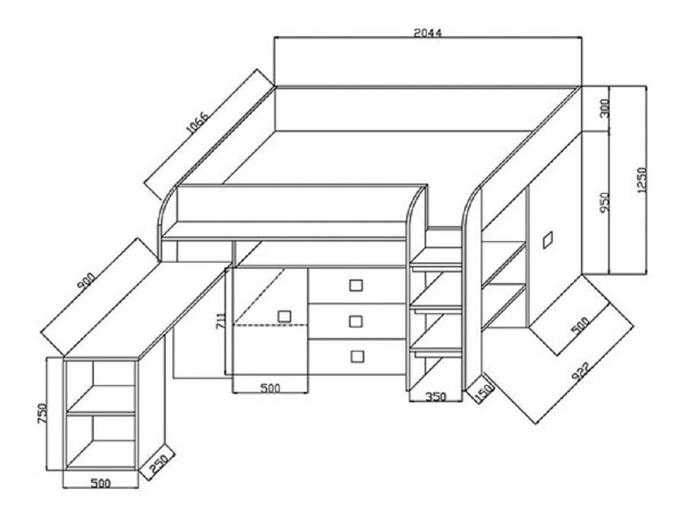 Feldmann-Wohnen Hochbett TOLEDO 1 (Etagenbett Griffe Farbe 2 Schreibtisch weiß + Hochglanz mit / weiß wählbar - schwarz Schränke)