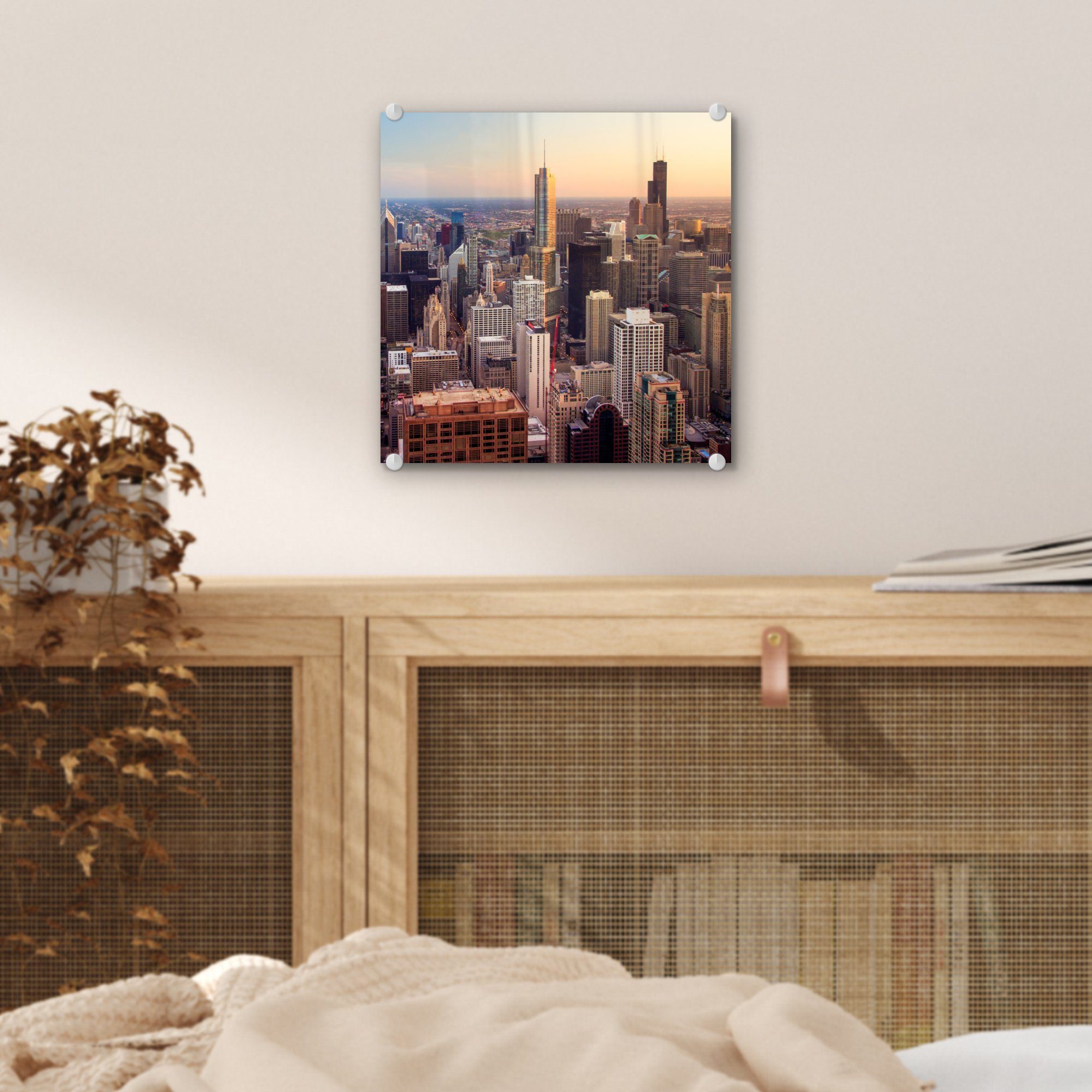 - Wandbild Tower, Hotel - St), über Glasbilder Glas and Bilder International MuchoWow Sonnenuntergang Foto Glas dem (1 Wanddekoration Der Acrylglasbild auf Trump - auf