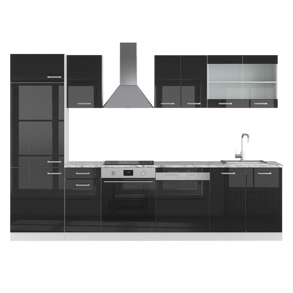 Vicco Küchenzeile R-Line, Schwarz Hochglanz/Weiß, 300 cm ohne Arbeitsplatte