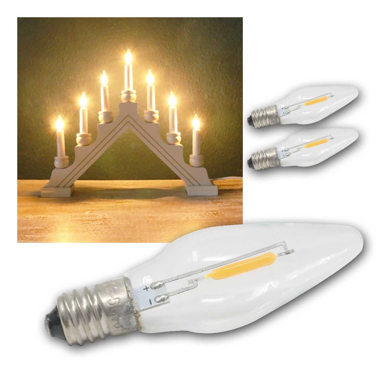 STAR TRADING LED-Leuchtmittel E10 Filament Spitz-Kerze 3er Set, 23-55V AC, ww, warmweiß