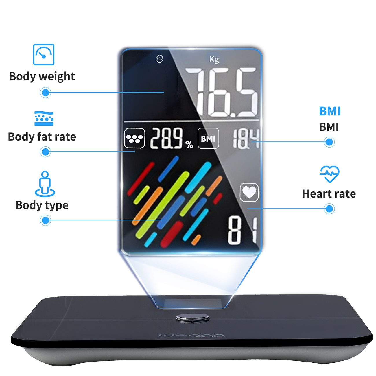 shop'n smile ideoon Körper-Analyse-Waage Körperanalyse Waage Glas max.180 kg Waage für Fett BMI Puls Körpertyp, Ideal für Ihr Fitness-Ziel mit Fitdays App – Bild 4 von 5