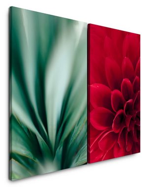 Sinus Art Leinwandbild 2 Bilder je 60x90cm Dahlie rote Blume grünes Blatt Harmonie Beruhigend Meditation Makrofotografie