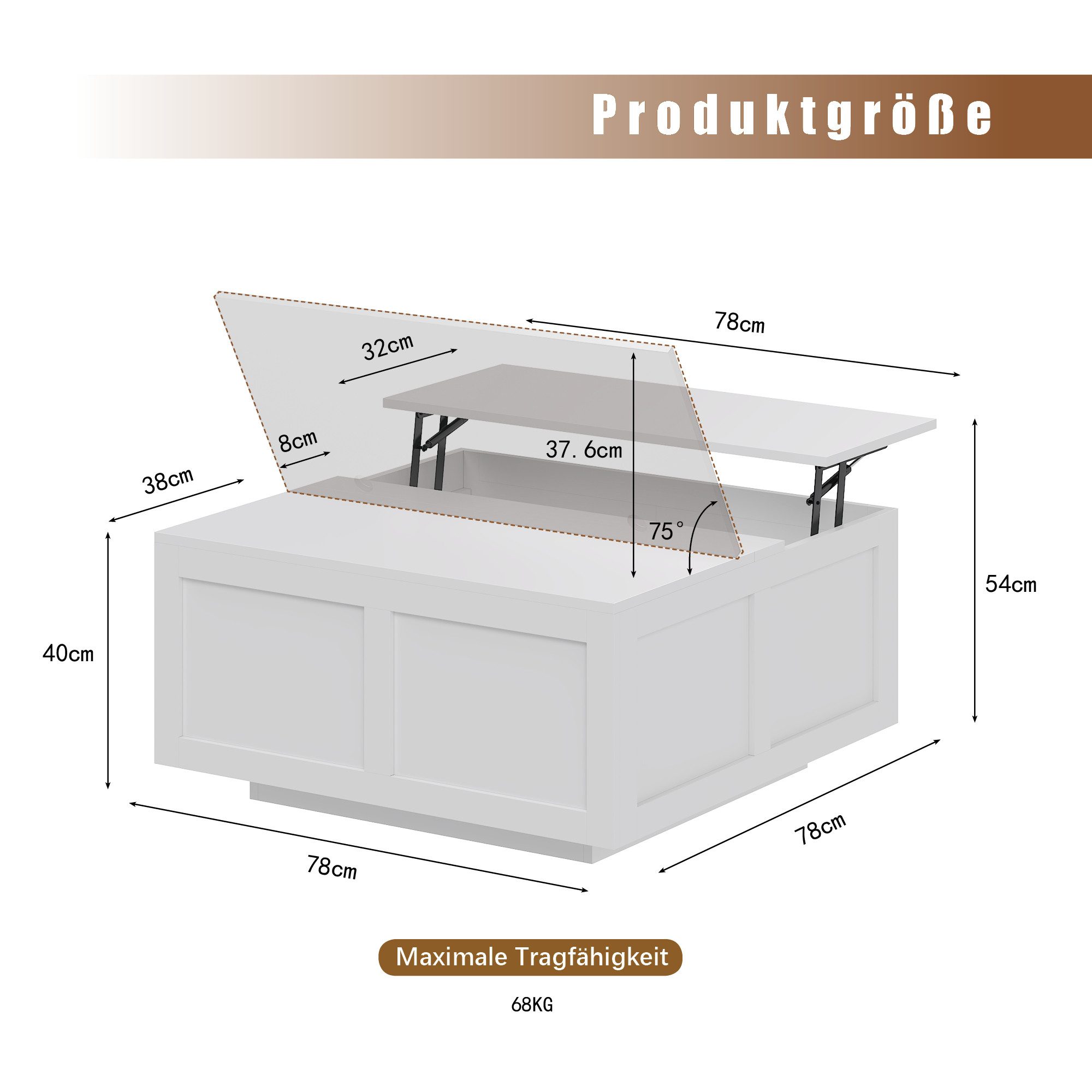 radelldar Couchtisch Wohnzimmertisch höhenverstellbar Stauraum  (40-54) x 78 x 78cm (1-St), Höhenverstellbare Tischplatte