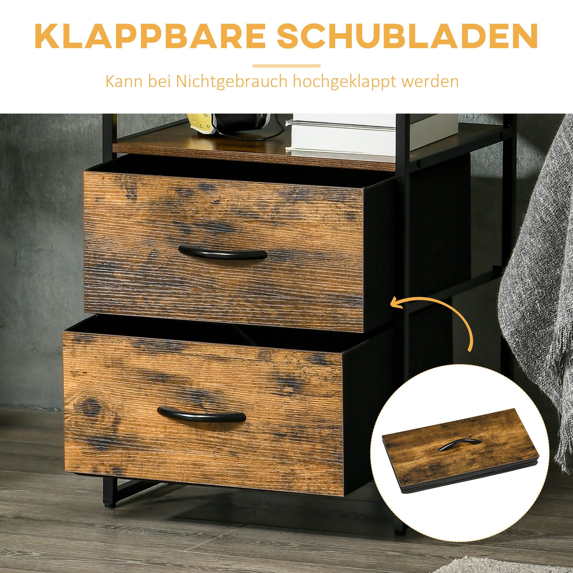 HOMCOM Kommode Stoff Aufbewahrungsschrank mit 2 Schubladen, Ablage Stahlgestell (Schubladenschrank, 1 St., mit Regal, Griff), für Wohnzimmer, Schlafzimmer, Rust – Bild 5 von 5