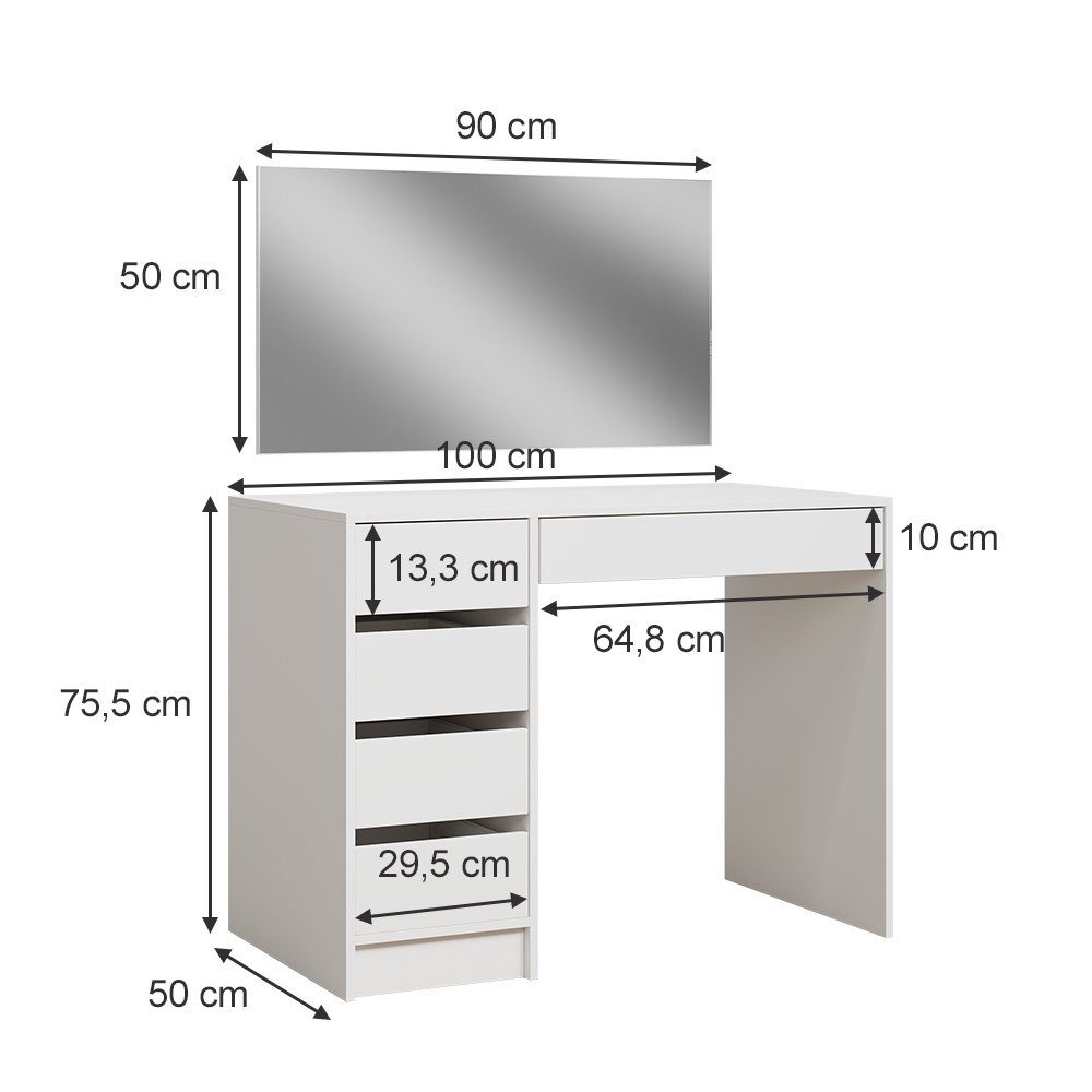 Vicco Schminktisch Thalia, Weiß, 100 cm mit 5 Schubladen (2-St)