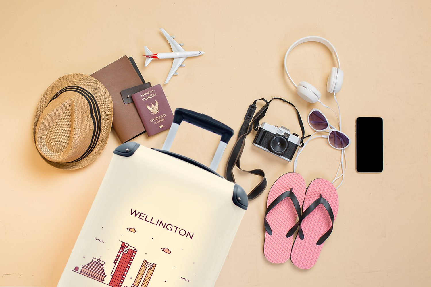 Ferien, - MuchoWow - Reisetasche Handgepäck Neuseeland, Trolley, mit Reisekoffer für Handgepäckkoffer 4 Rollen, Wellington rollen, Skyline