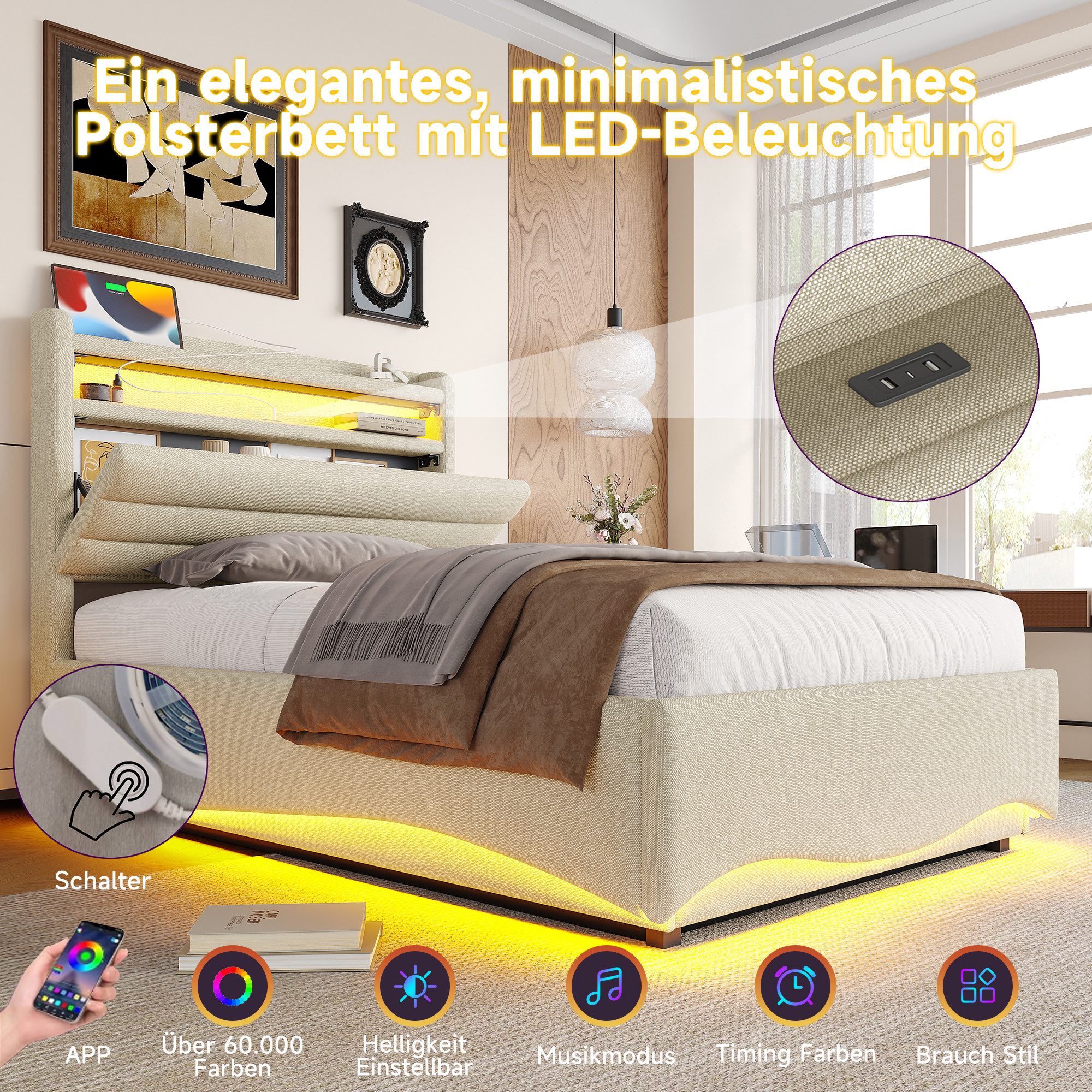 TavilaEcon Boxspringbett Polsterbett mit LED-Beleuchtung und Hydraulikmechanismus (1-St), 140x200cm, mit Ablagefach, USB-/Typ-C-Anschluss, Beige – Bild 5 von 5