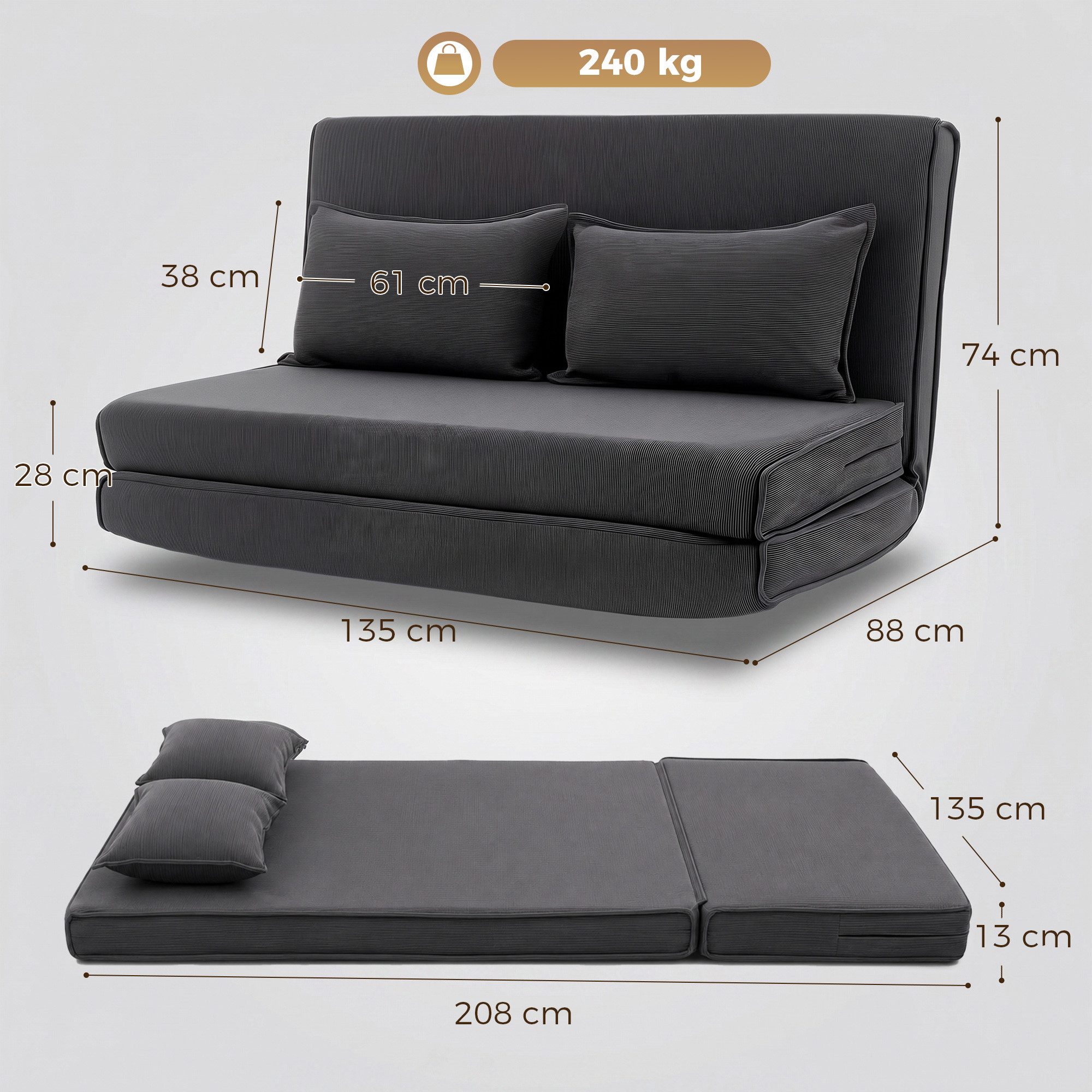 HOMCOM Bodenkissen 3 in 1 Schlafsofa Klappsofa mit 2 Kissen und Verstellbarer Rückenlehne, 3-in-1, 5-fach verstellbar, 2 Kissen