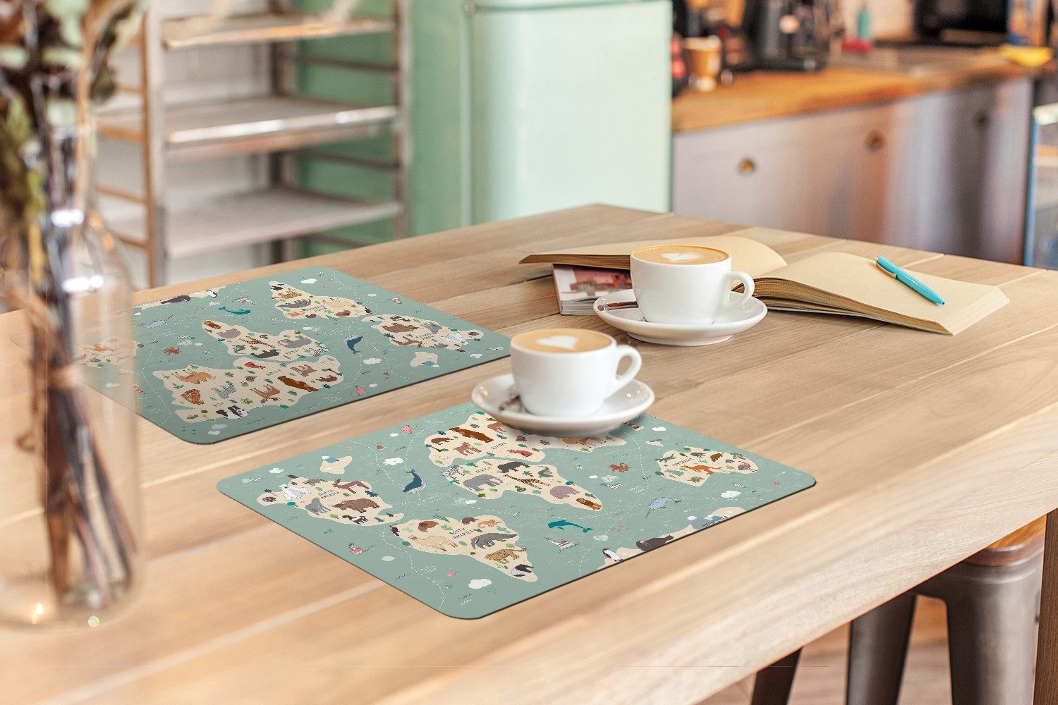 MuchoWow Platzset Erde - Weltkarte Kinder - Tiere - Jungen - Mädchen - Blau, (6-St), Platzsets, Tischset, Abwaschbar, Tischsets, Platzdeckchen