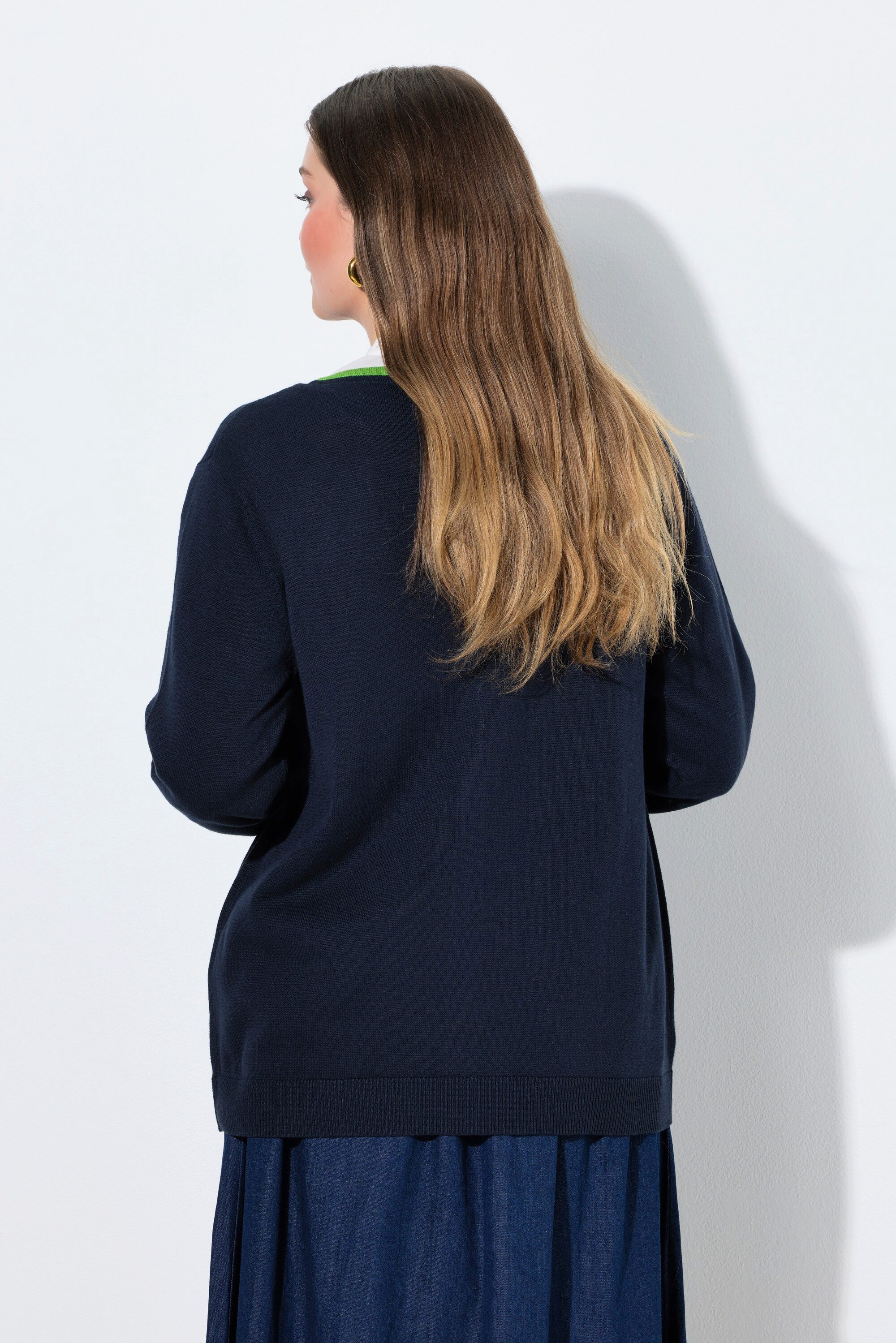 Ulla Popken Strickjacke Strickjacke Vogel-Stickerei Rundhals Langarm