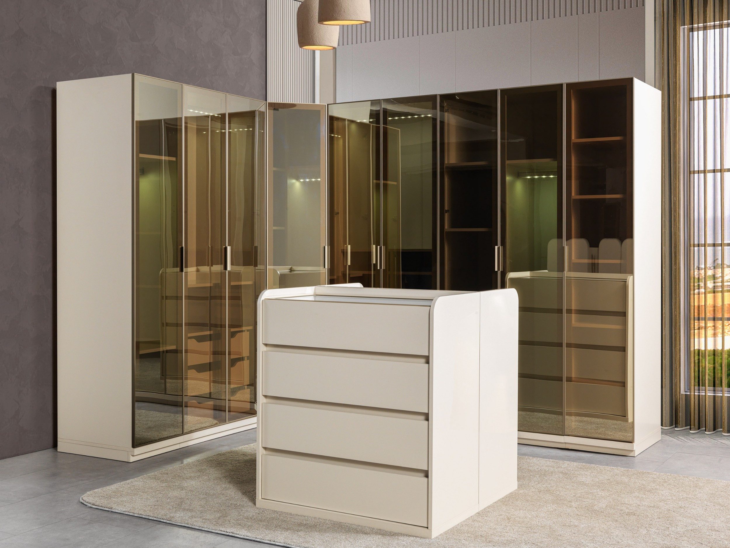 Xlmoebel Kleiderschrank Begehbarer Eckschrank von XLMOEBEL in Beige mit Beleuchtung Made in Europa