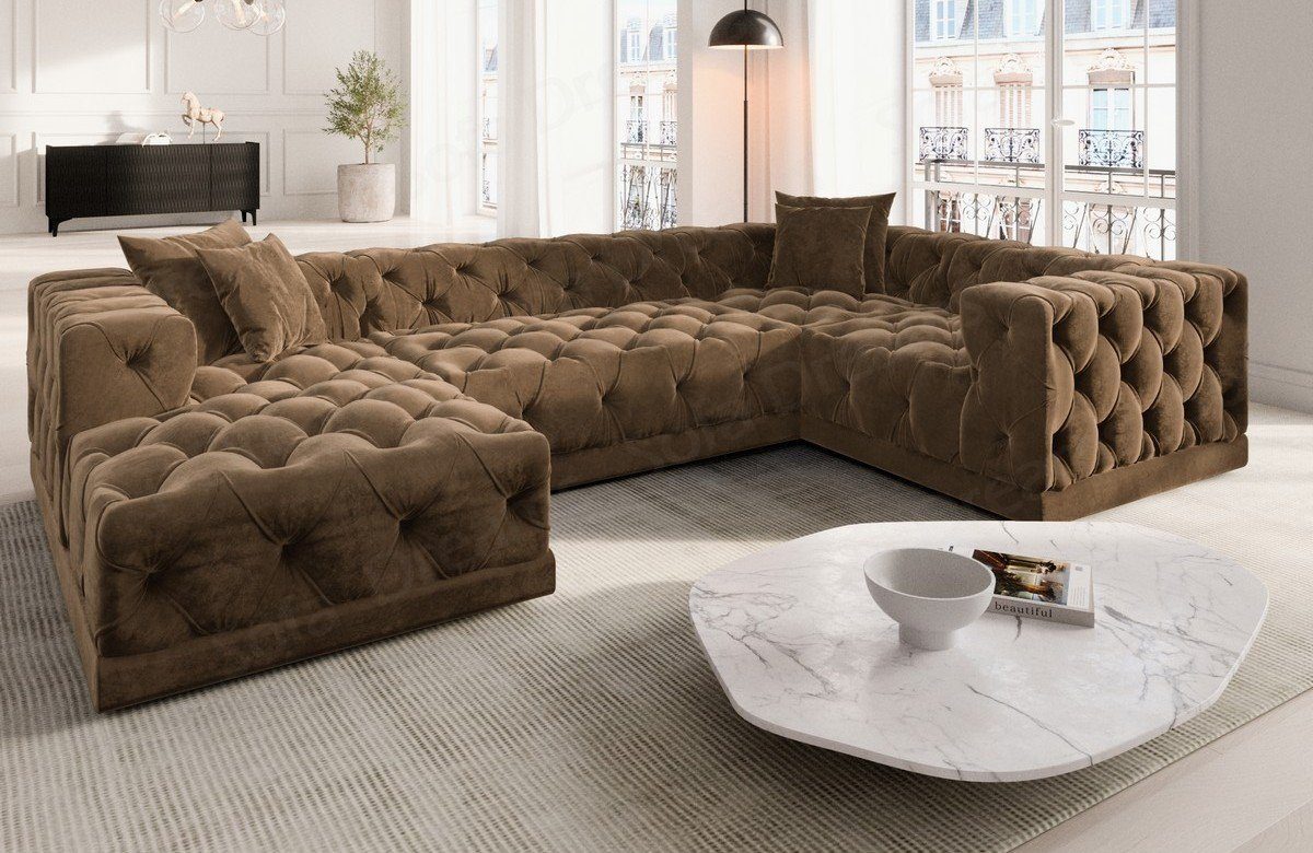 Sofa Dreams Wohnlandschaft Designer Stoff Form Loungesofa, Stil Sofa Samtstoff U Palma hellbraun09 Chesterfield Stoffsofa