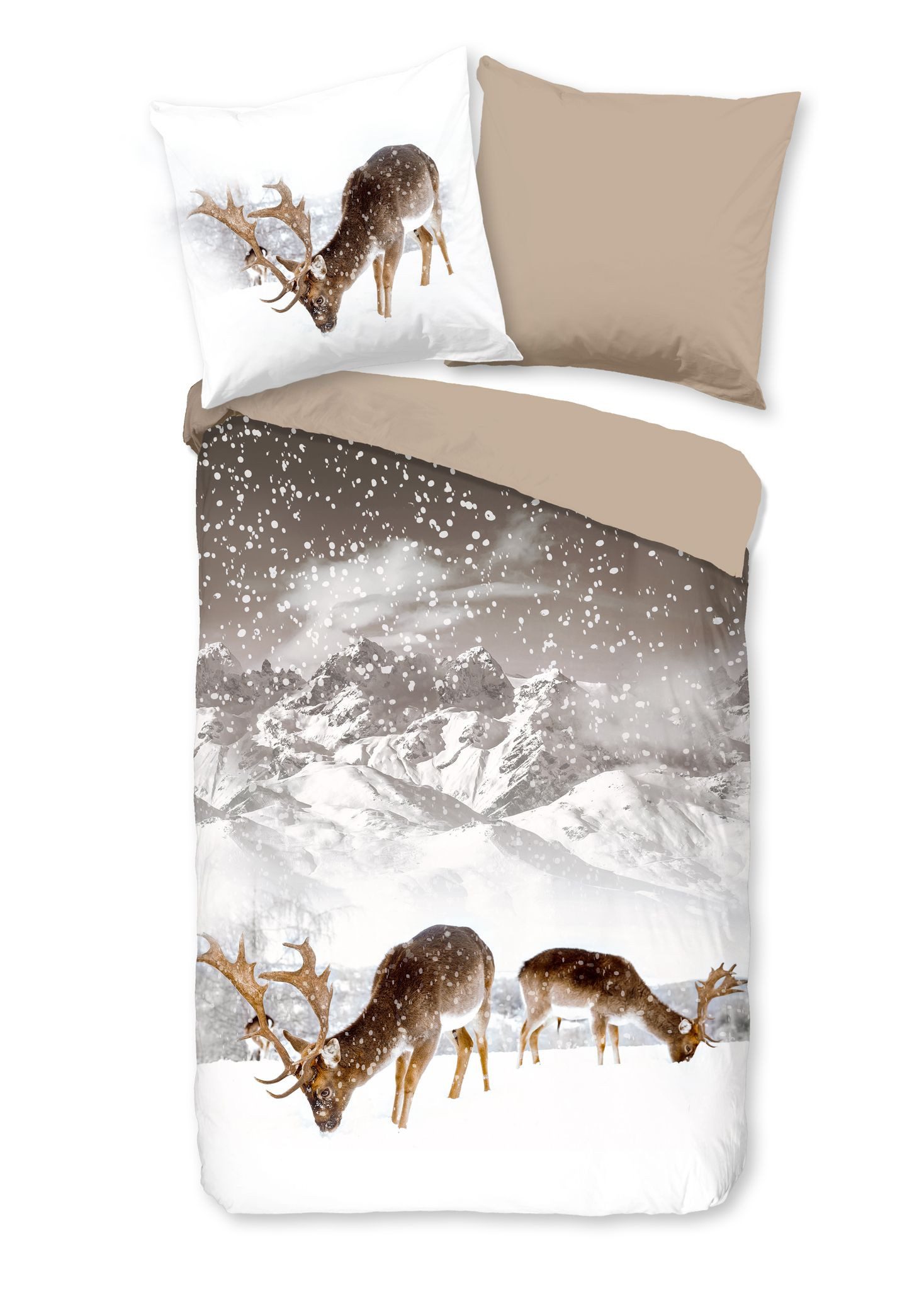JACK Bettwäsche 135x200cm, Winterlandschaft Hirsch Berge Taupe, Flanell, 2 günstig online kaufen