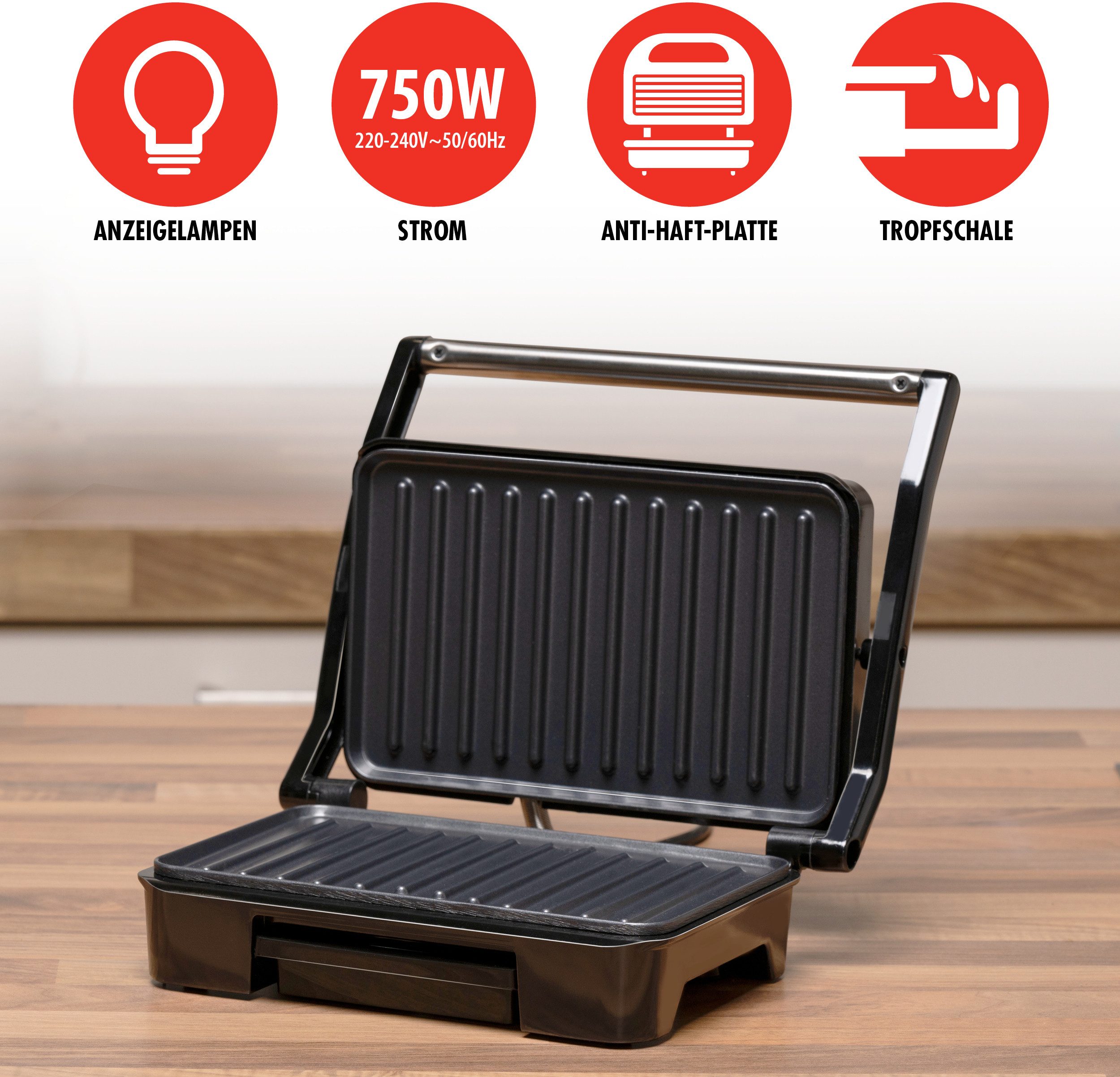 *Alpina* Paninigrill / Kontaktgrill 750W, Antihaft, Tropfschale, 23x14,5cm, Silber, 750 W, Abnehmbare Tropfschale