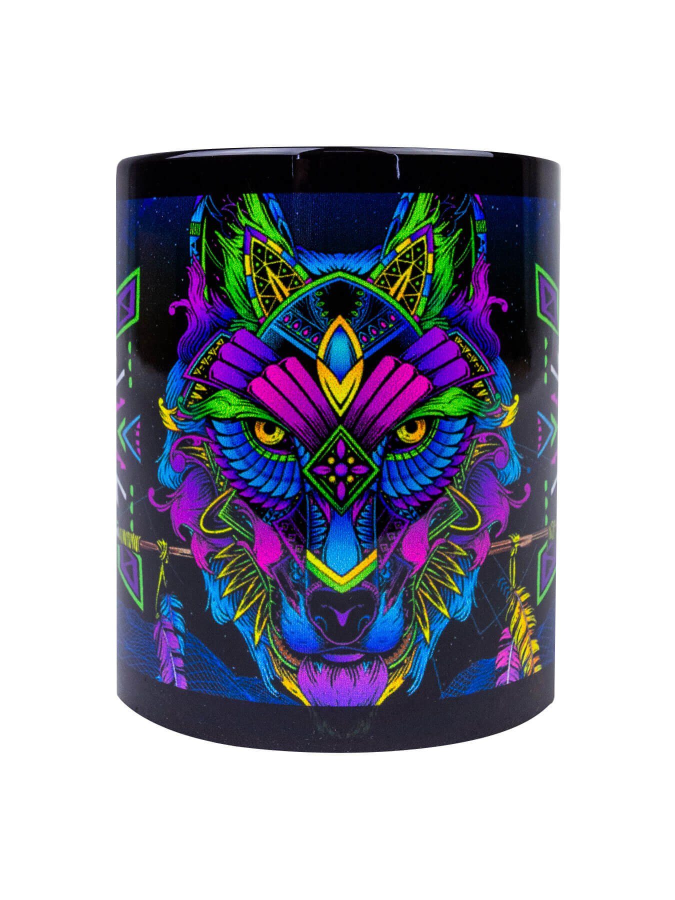 PSYWORK Tasse Fluo Cup Neon Motiv Tasse "Sentymo Wolf", Keramik, UV-aktiv, leuchtet unter Schwarzlicht