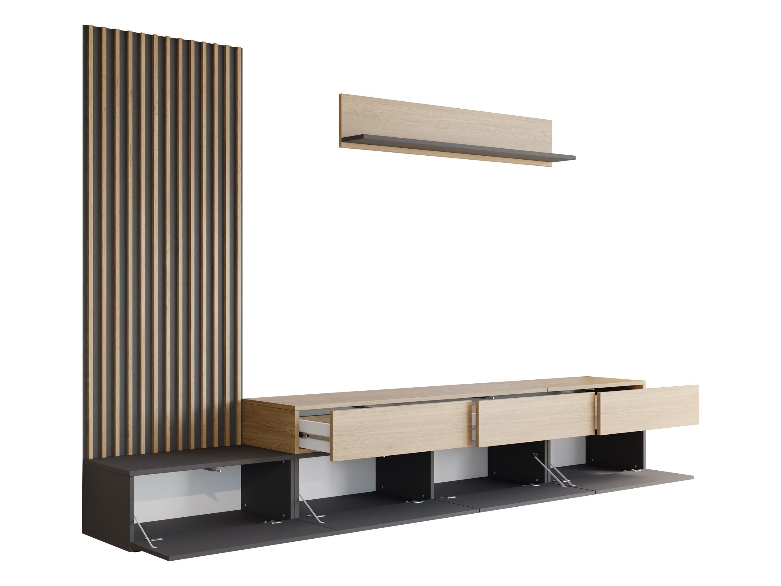 MIRJAN24 Wohnwand Narezi II, (TV-Lowboard, Wandboard, Wandpaneel), Griffloses Öffnungssystem, 300x40x209 cm – Bild 3 von 5