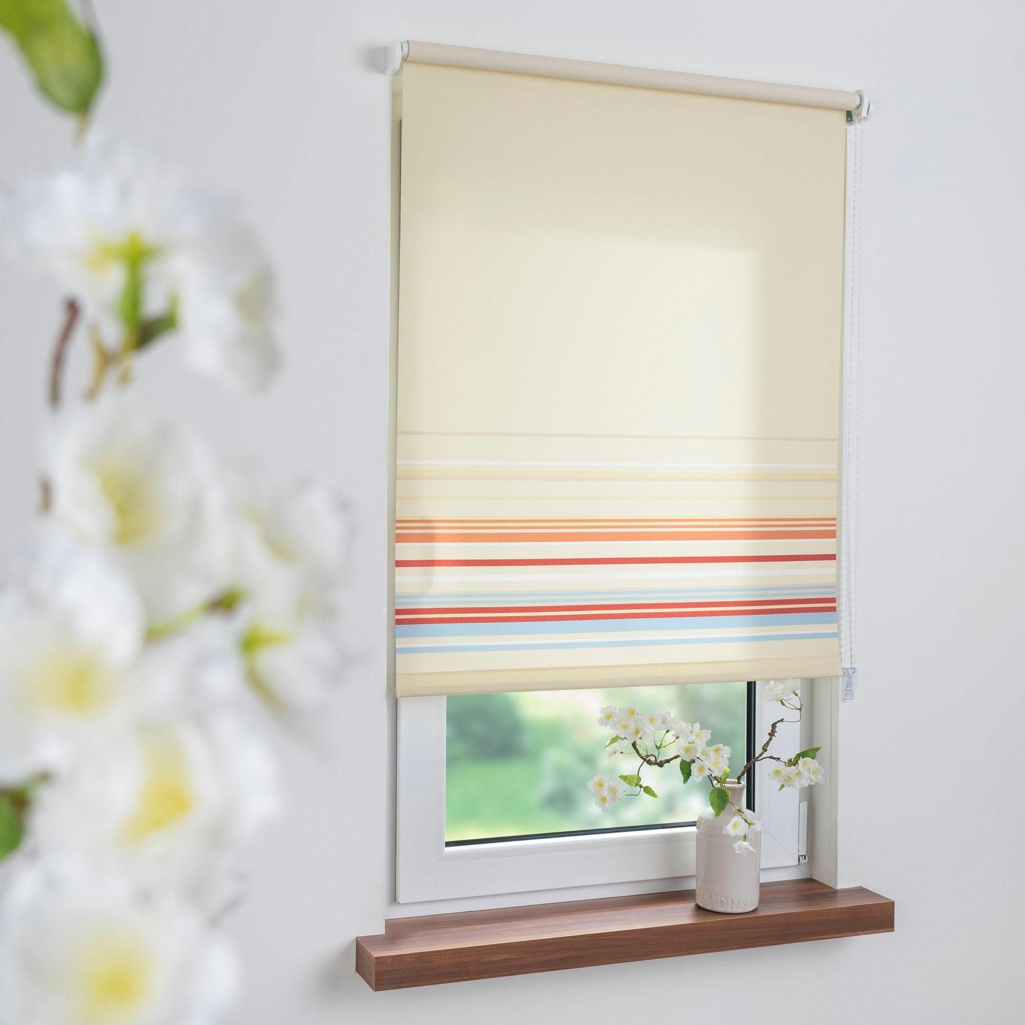 Seitenzugrollo Dekor Bordüre, Liedeco, Lichtschutz, freihängend, verschraubt, Seitenzugrollo Dekor Bordüre