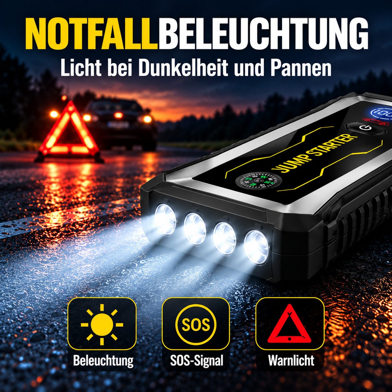 ibettertec Notfallstarter fürs Auto mit Powerbank und LED-Taschenlampe Starthilfegerät Batterie Booster für 12-V-Fahrzeuge, Benziner und Diesel, 2 USB-Ausgänge, – Bild 5 von 5