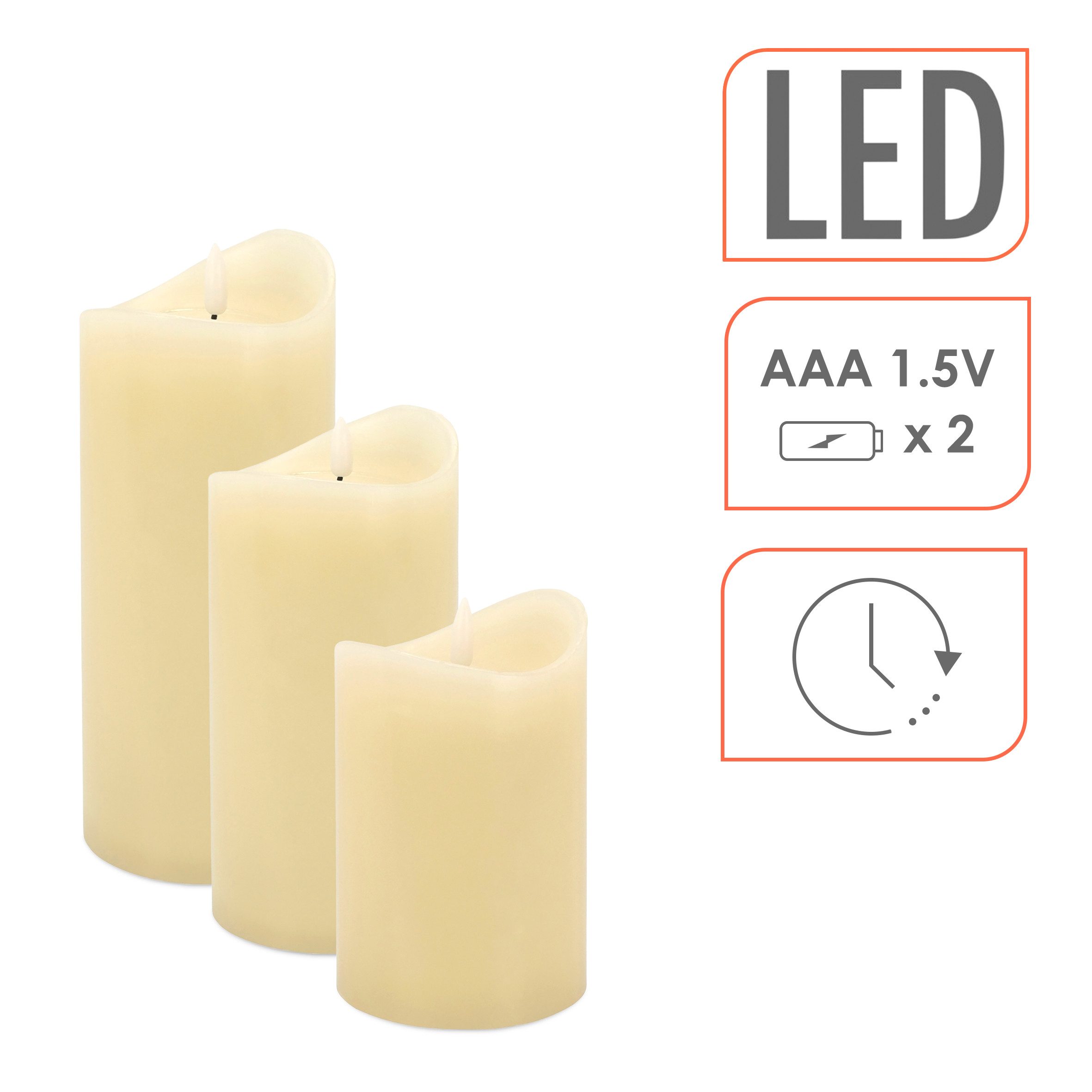 Spetebo LED-Kerze Echtwachs warm weiß (3er Set, 1-tlg., 10 / 12 / 15 cm), mit Timer funktion
