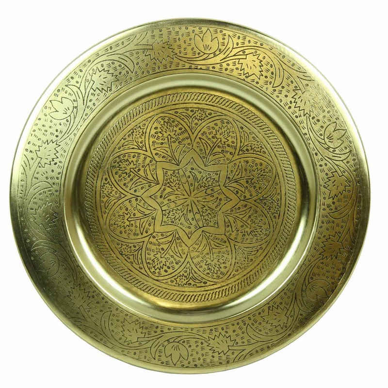 Casa Moro Dekotablett Marokkanisches Serviertablett Nermin aus Metall in Antik Gold look (orientalische Muster), Ramadan Deko Tablett Servierplatte Teetablett rund