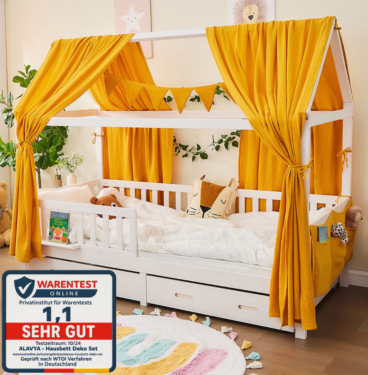 Alavya Home® Betthimmel Dekoset für Hausbett CLOUD 80x160, 90x200 – OTTOs Choice, Хіти продажу (KOMPLETT SET I 2 Stück Betthimmel I 1 Stück Wimpelkette 300cm cm lang mit 9 Stück Wimpeln, 3-tlg), Dekoset aus 100% Bio-Musselin Baumwolle GOTS zertifiziert, 125x350 cm