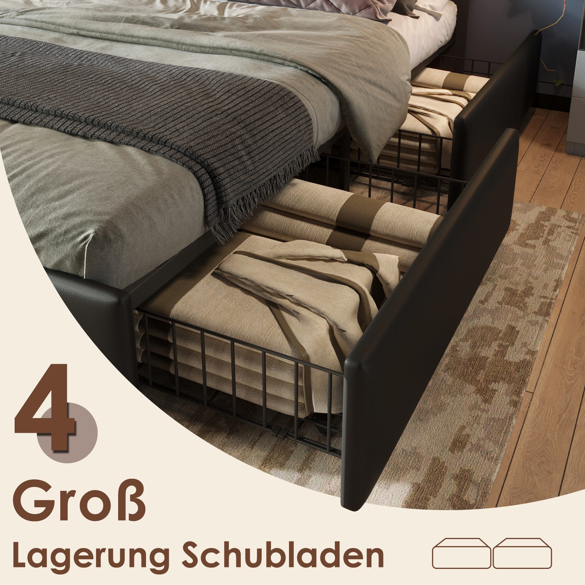 Luckice Upholstered Bed Frame with LED Lighting Strip and 4 Drawers (Single Bed Upholstered Bed 90x200cm, Height-Adjustable Headboard, Functional Bed), PU Black