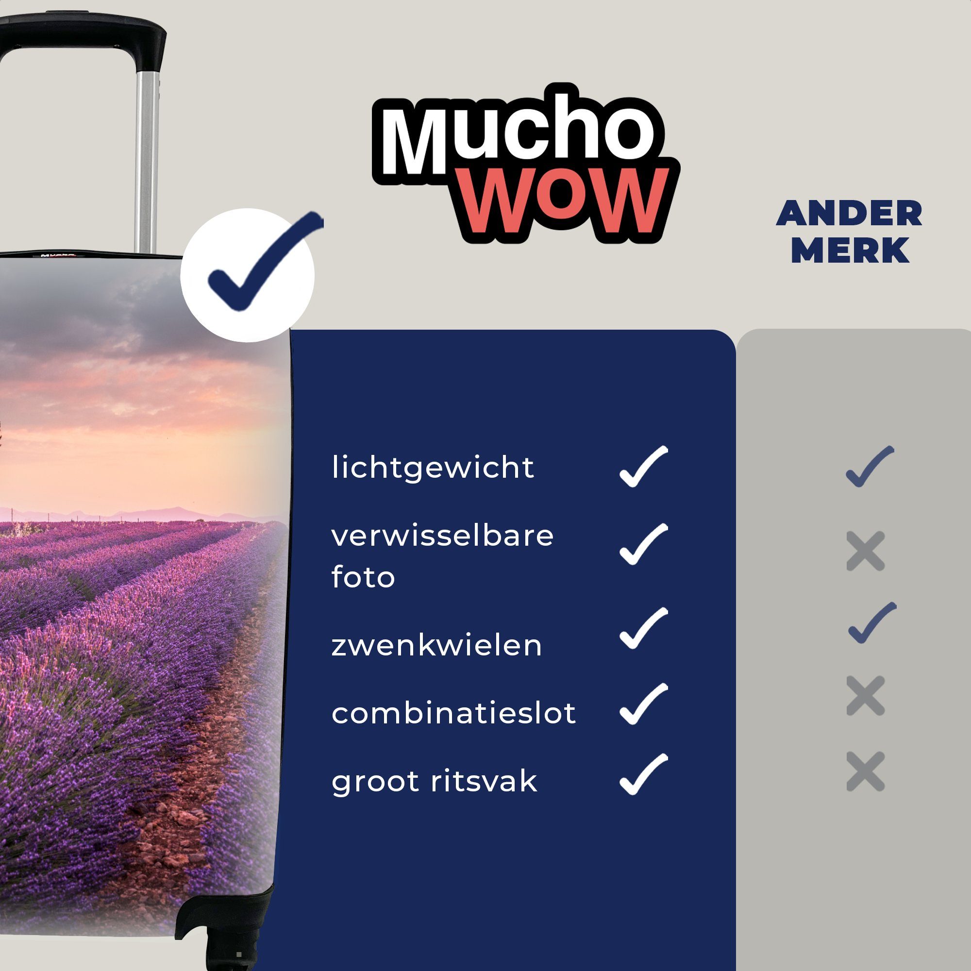 MuchoWow Handgepäckkoffer Lavendel Blumen mit - Trolley, für Reisekoffer - Feld, Rollen, rollen, - Reisetasche Ferien, Handgepäck 4 Lila
