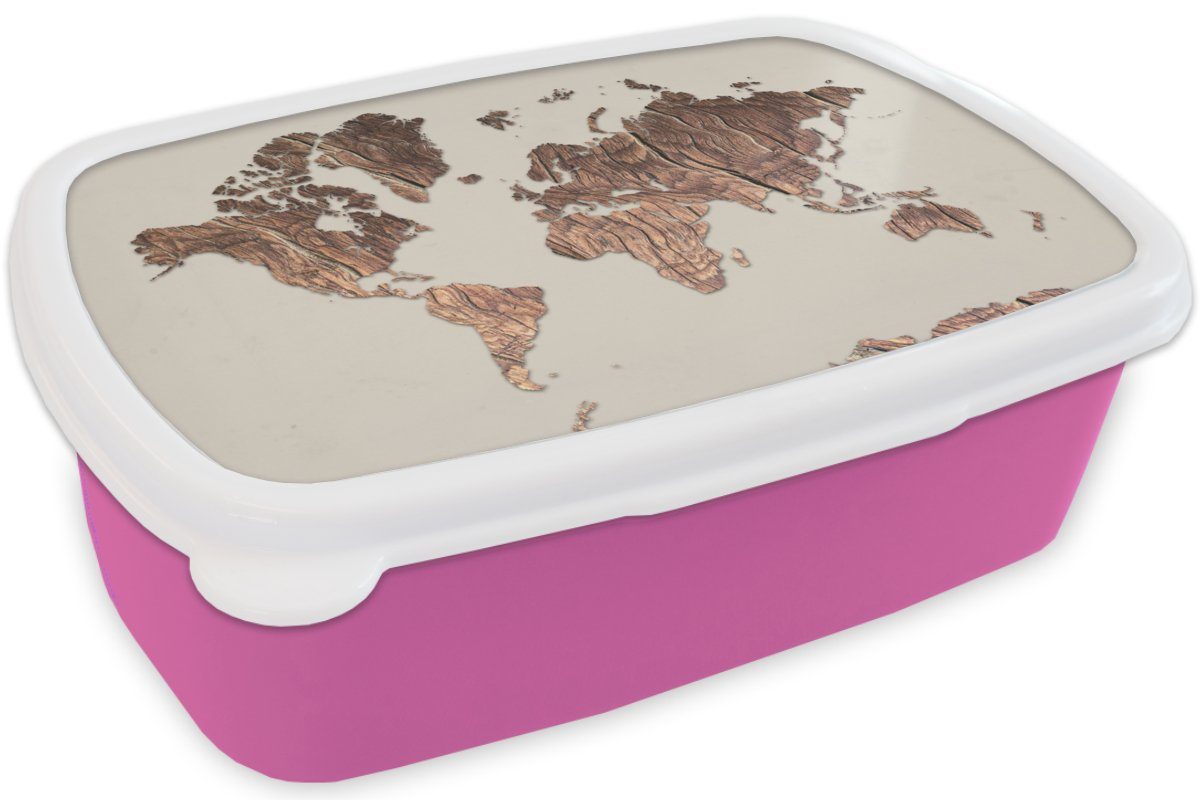 rosa Brotbox Lunchbox - Braun, Mädchen, Erwachsene, - (2-tlg), Weltkarte Kinder, MuchoWow Brotdose für Snackbox, Kunststoff Kunststoff, Holztafel