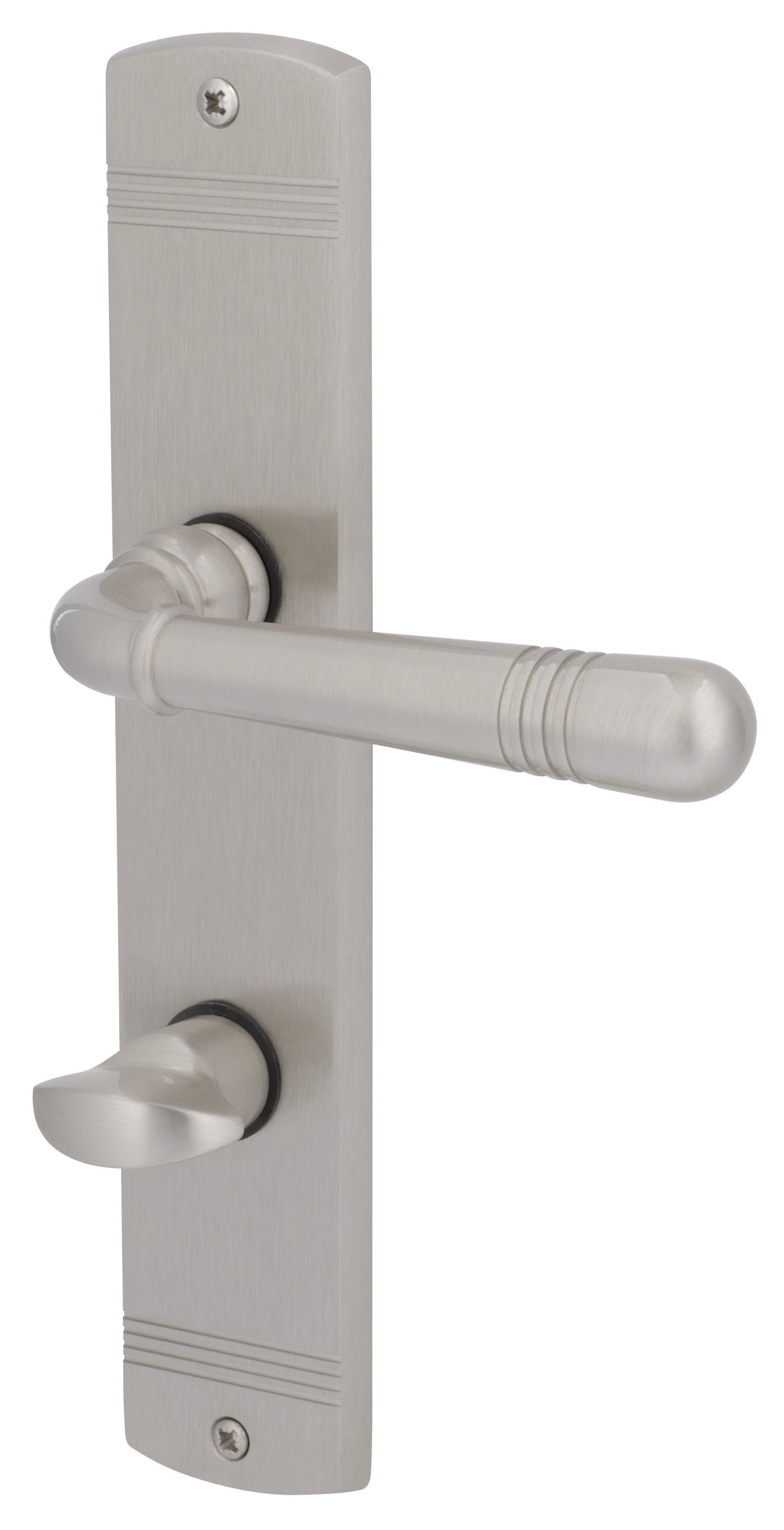 Alpertec Türbeschlag Langschildgarnitur L17/A24 für Bad-WC-Türen inkl. WC-Riegel (1 St), Messing edelstahlfärbig satiniert