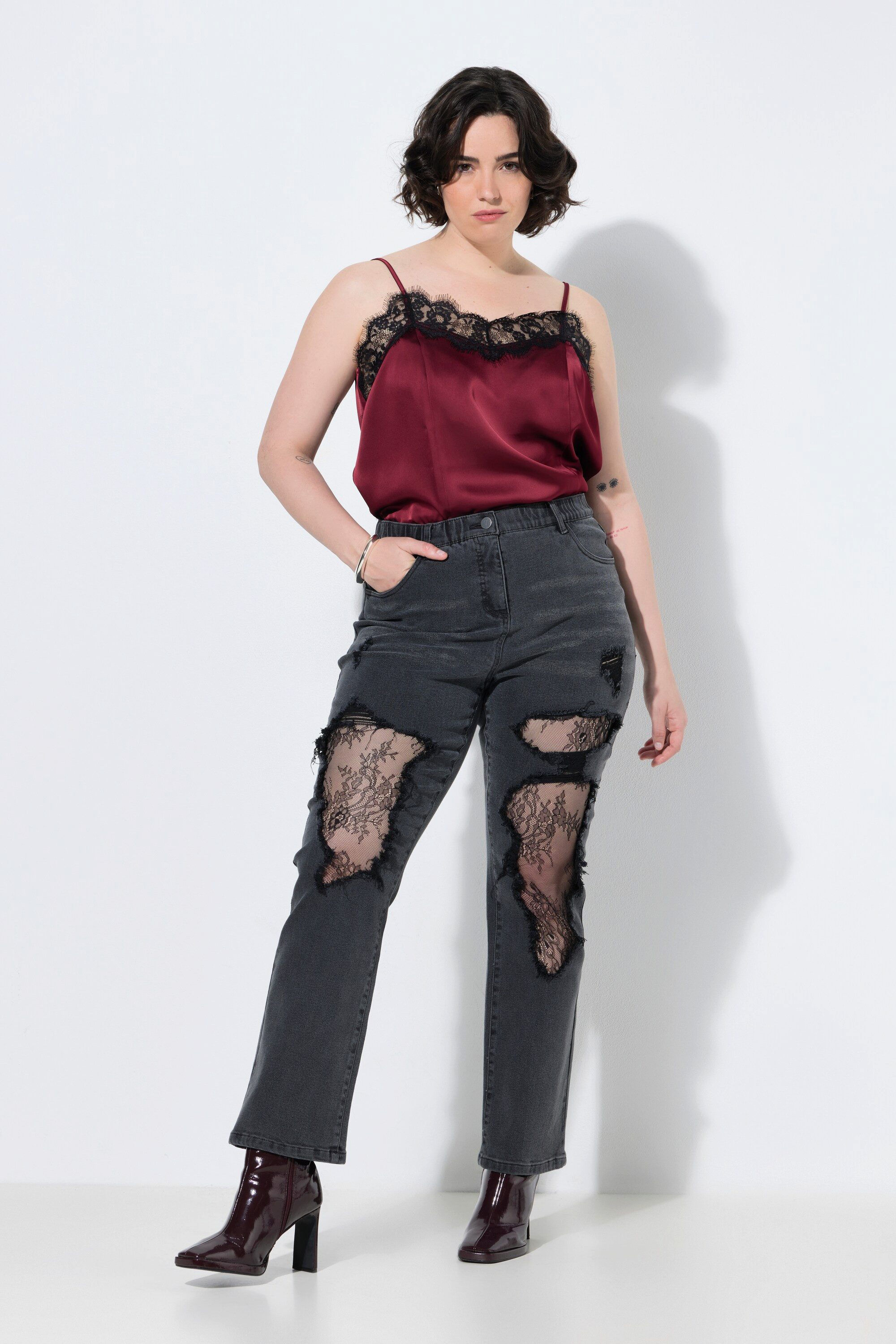 Ulla Popken 5-Pocket-Jeans Jeans Marie Spitze Destroy-Effekte High Waist