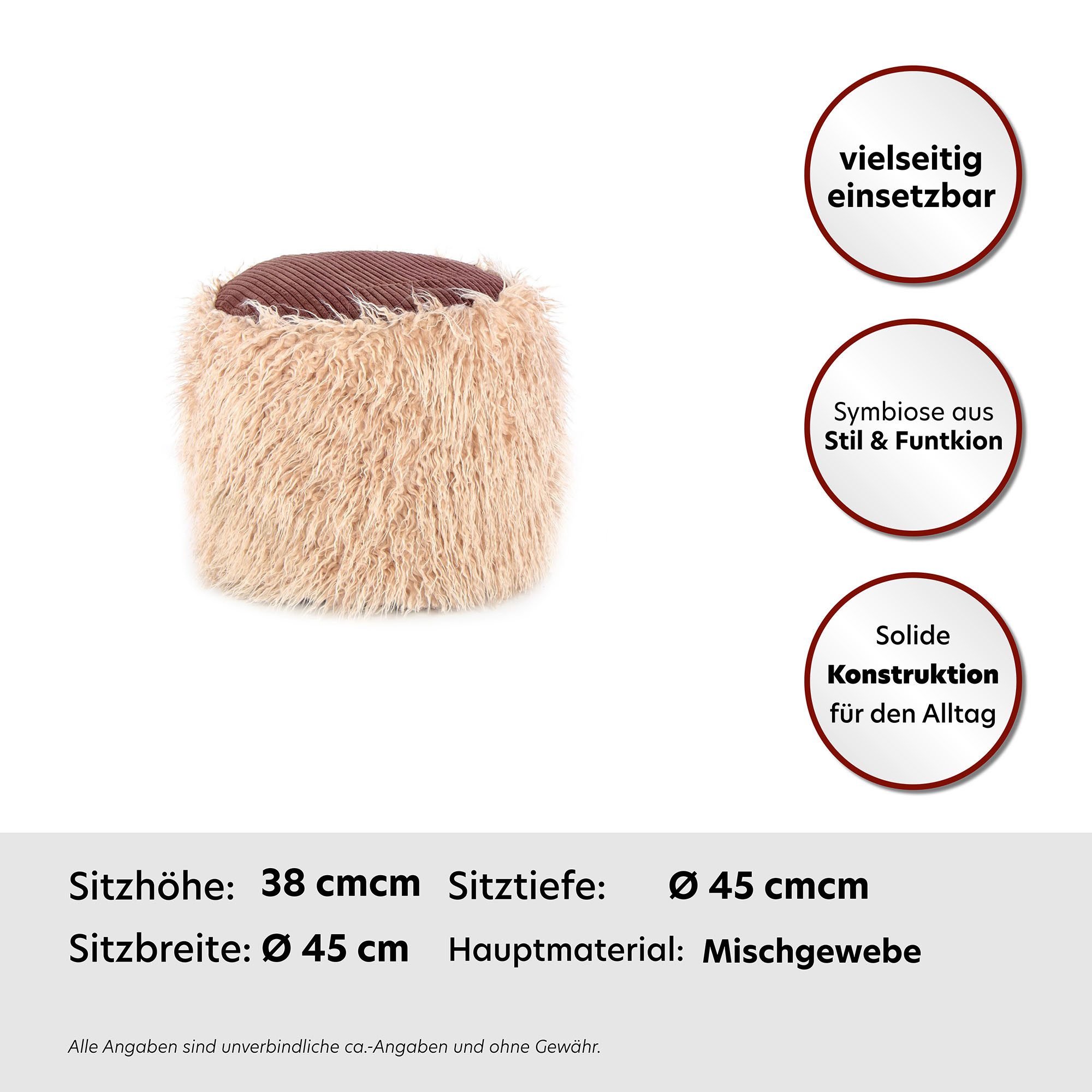 Kayoom Pouf Fellpouf Bobtail 125, Fellhocker in zweifarbigem Design (1-St), modern, dekorativ, kindersicherer Reißverschluss an der Unterseite