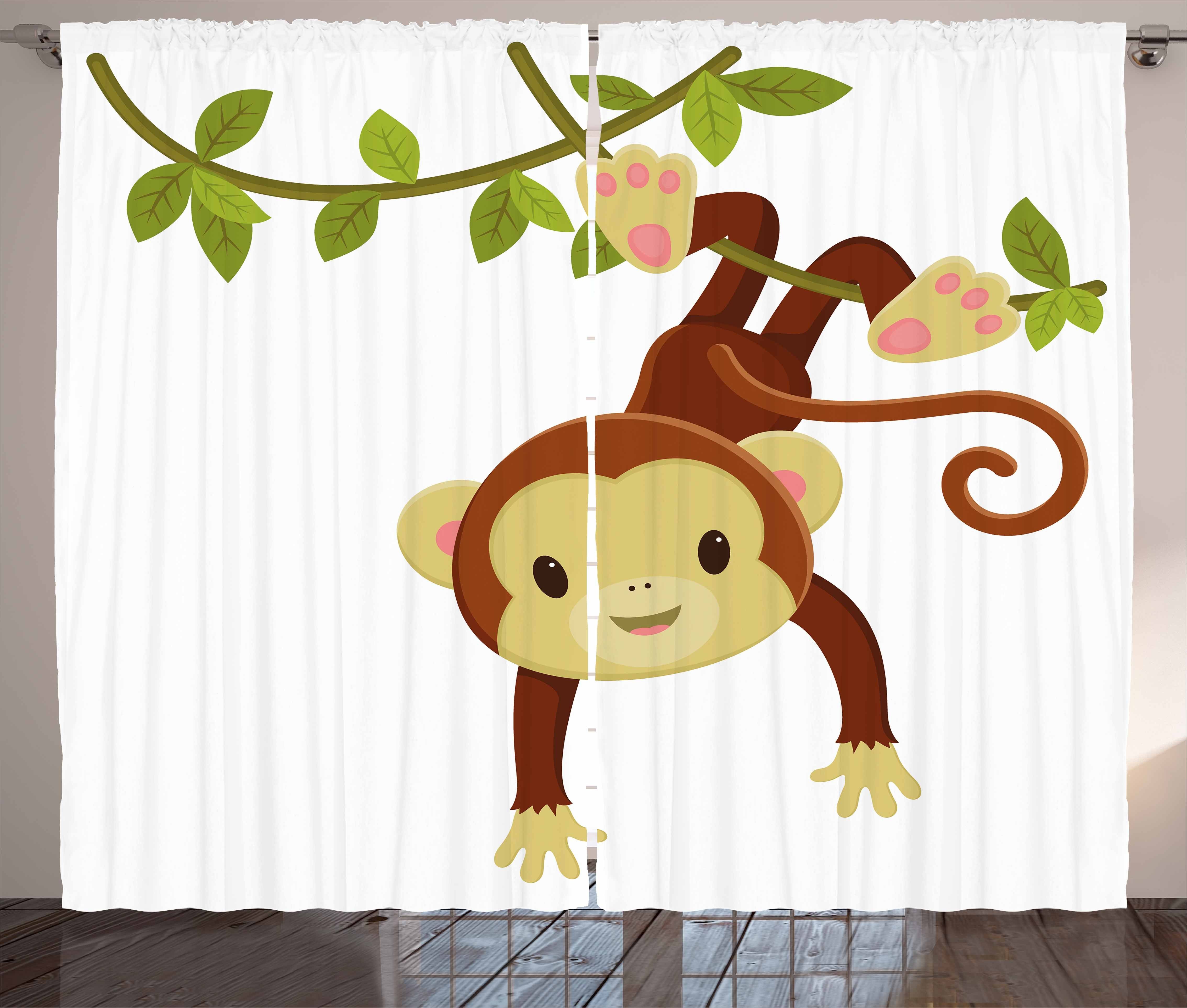 Gardine Schlafzimmer Kräuselband Vorhang mit Schlaufen und Haken, Abakuhaus, Kindergarten Karikatur-Affe auf Liana