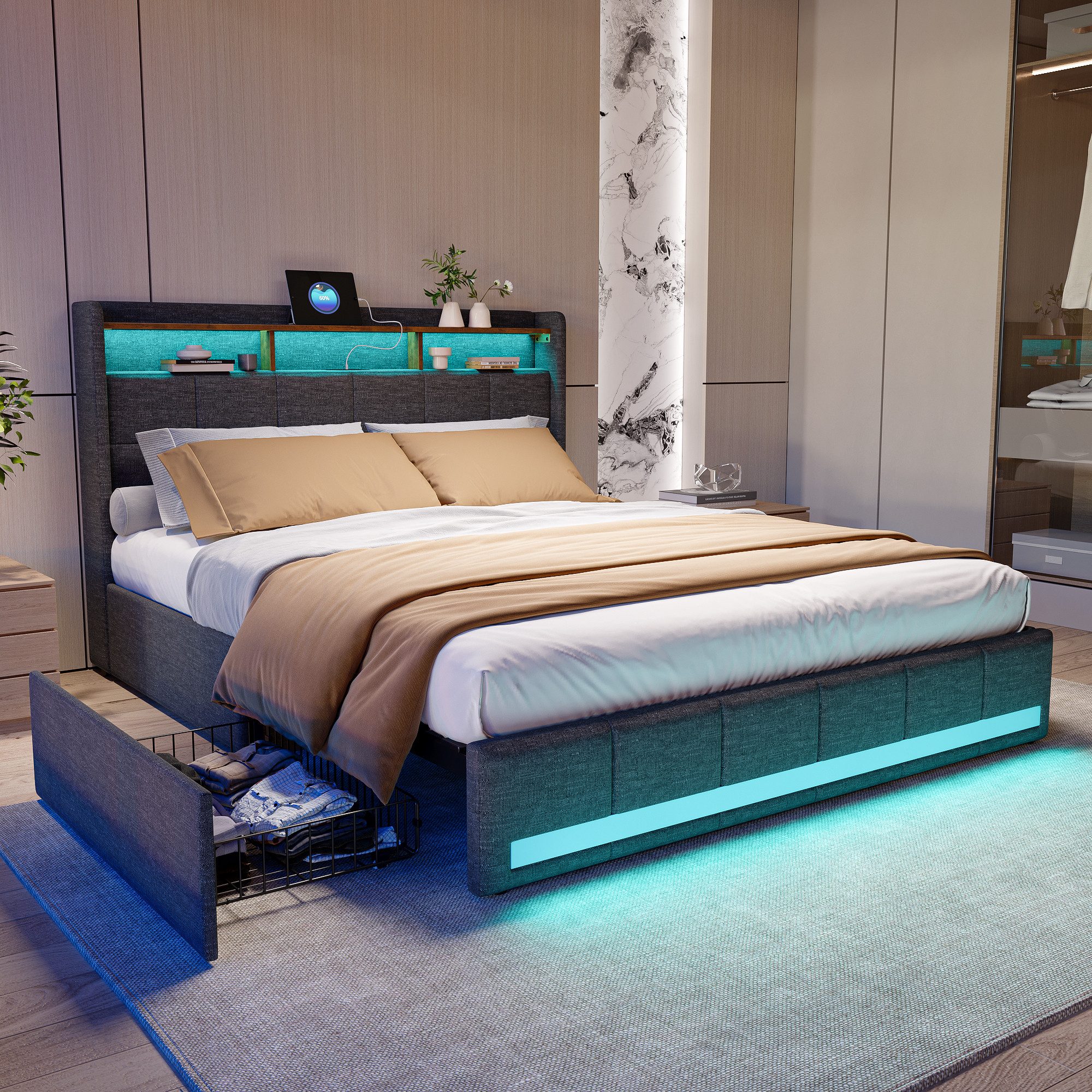 PXloue Polsterbett LED Doppelbett 180x200 cm, mit USB-Laden und Stauraum am günstig online kaufen