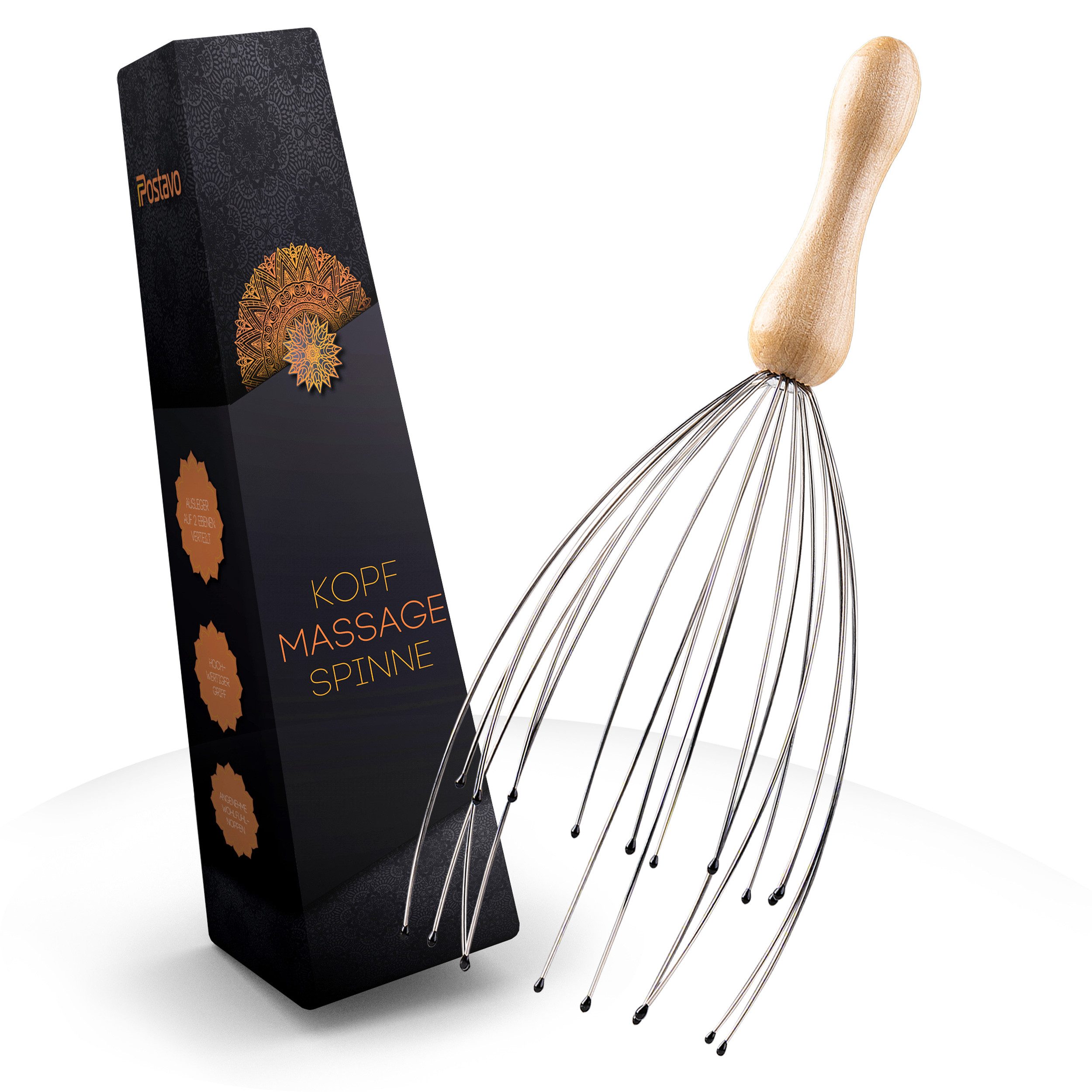 Postavo Massagegerät Kopf Spinne - Kopfmassagegerät mit 20 Fingern & Holz- & Edelstahlgriff, durchblutungsfördernd, ergonomisch, 2 Massageebenen