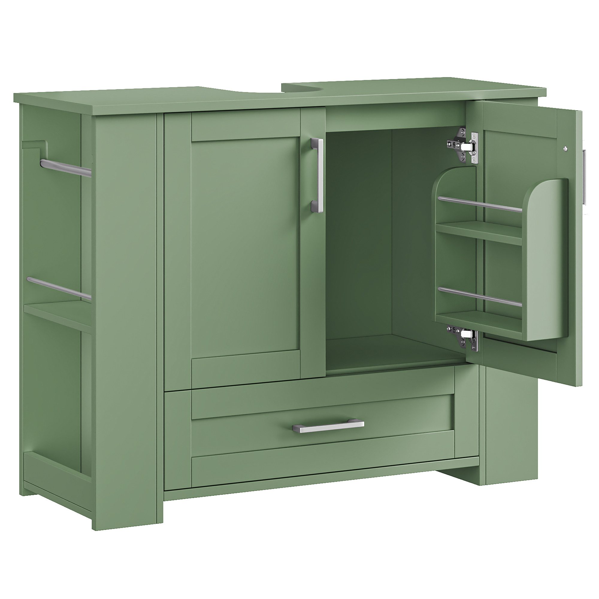 Homfa Waschbeckenunterschrank Unterschrank Badezimmerschrank 1 Schublade, 2 Türen, Seitliche Ablagen, Türfächer, Handtuchhalter