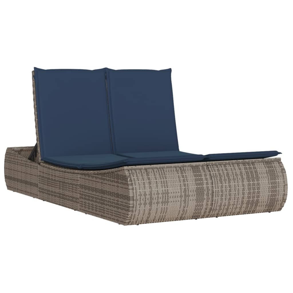vidaXL Gartenliege Doppel-Sonnenliege mit Kissen Grau Poly Rattan, 1 St.