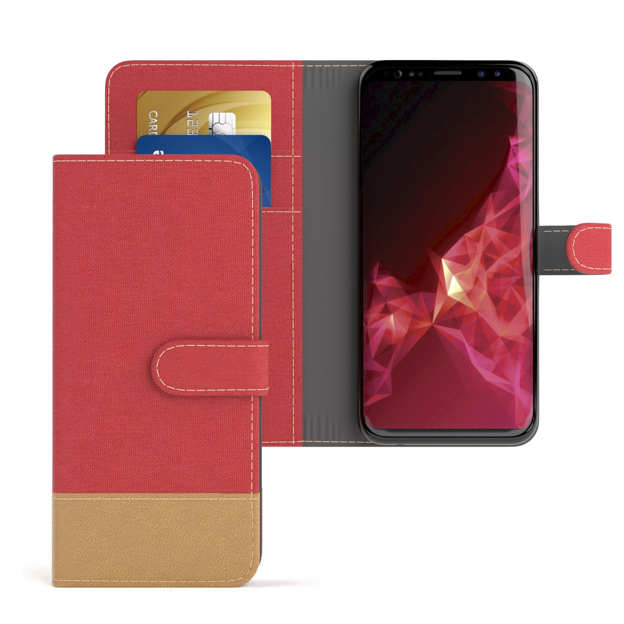 EAZY CASE Handyhülle Bookstyle Jeans für Samsung Galaxy S9 5,8 Zoll, Denim Etui Handytasche Kunstleder mit Standfunktion und wallet Rot