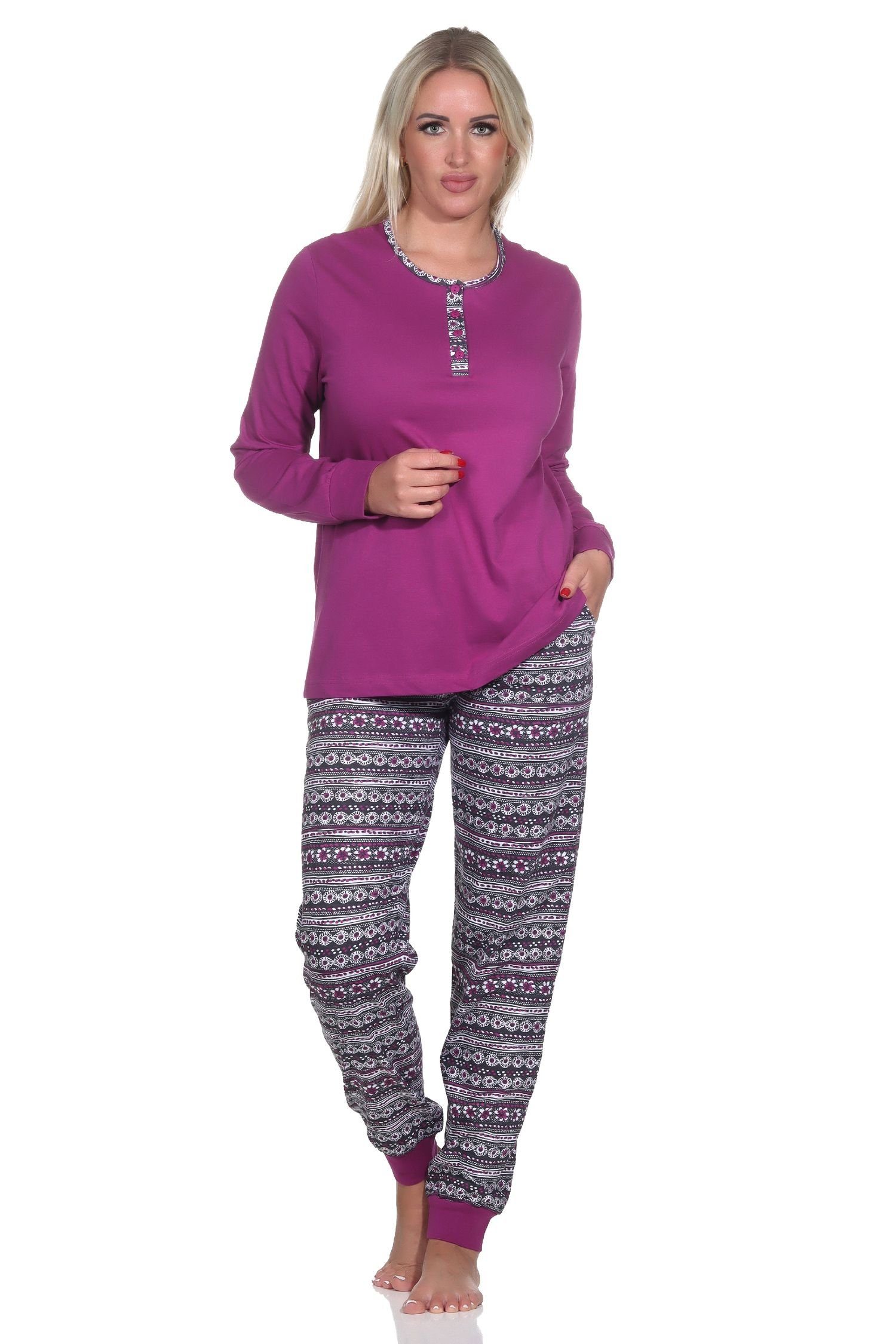 Langarm Schlafanzug lila Damen Bündchen mit Ethnolook Normann Normann Pyjama im Pyjama