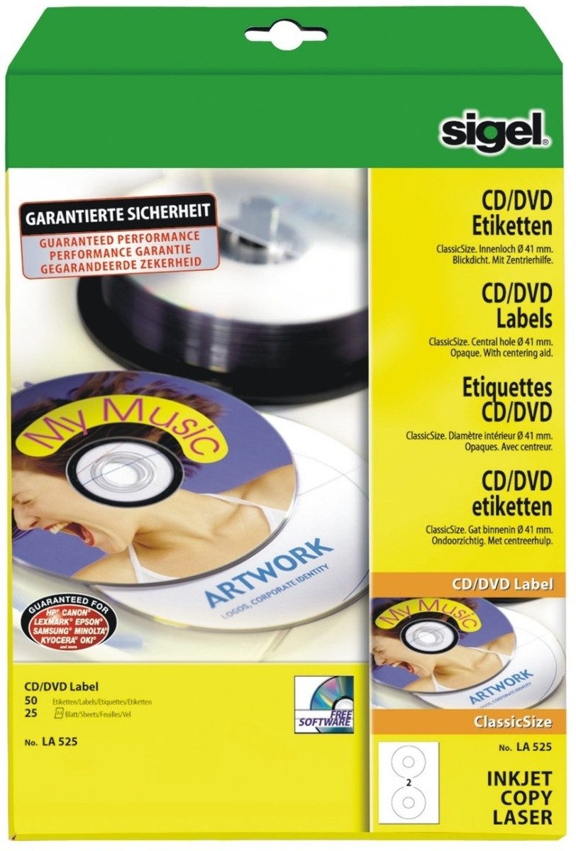 Sigel Etiketten CD-/DVD-Etiketten Inkjet/Laser Kopier 117mm VE=50 Stück (25 Blatt) wei