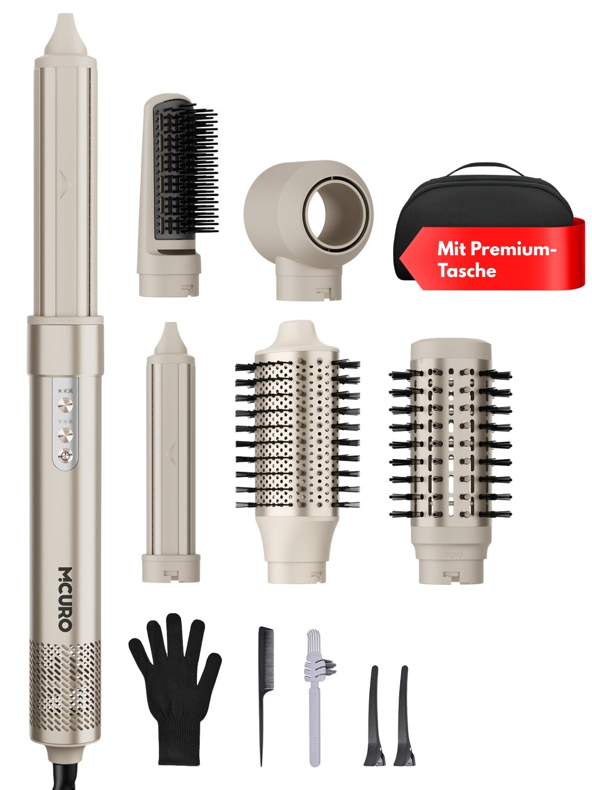 MCURO Warmluftbürste 6 in 1 Airstyler Ionen Föhn Multifunktionaler Hairstyler 110000 U/Min, Warmluftbürste mit 32mm Lockenstab Automatisch,Locken und Glätten