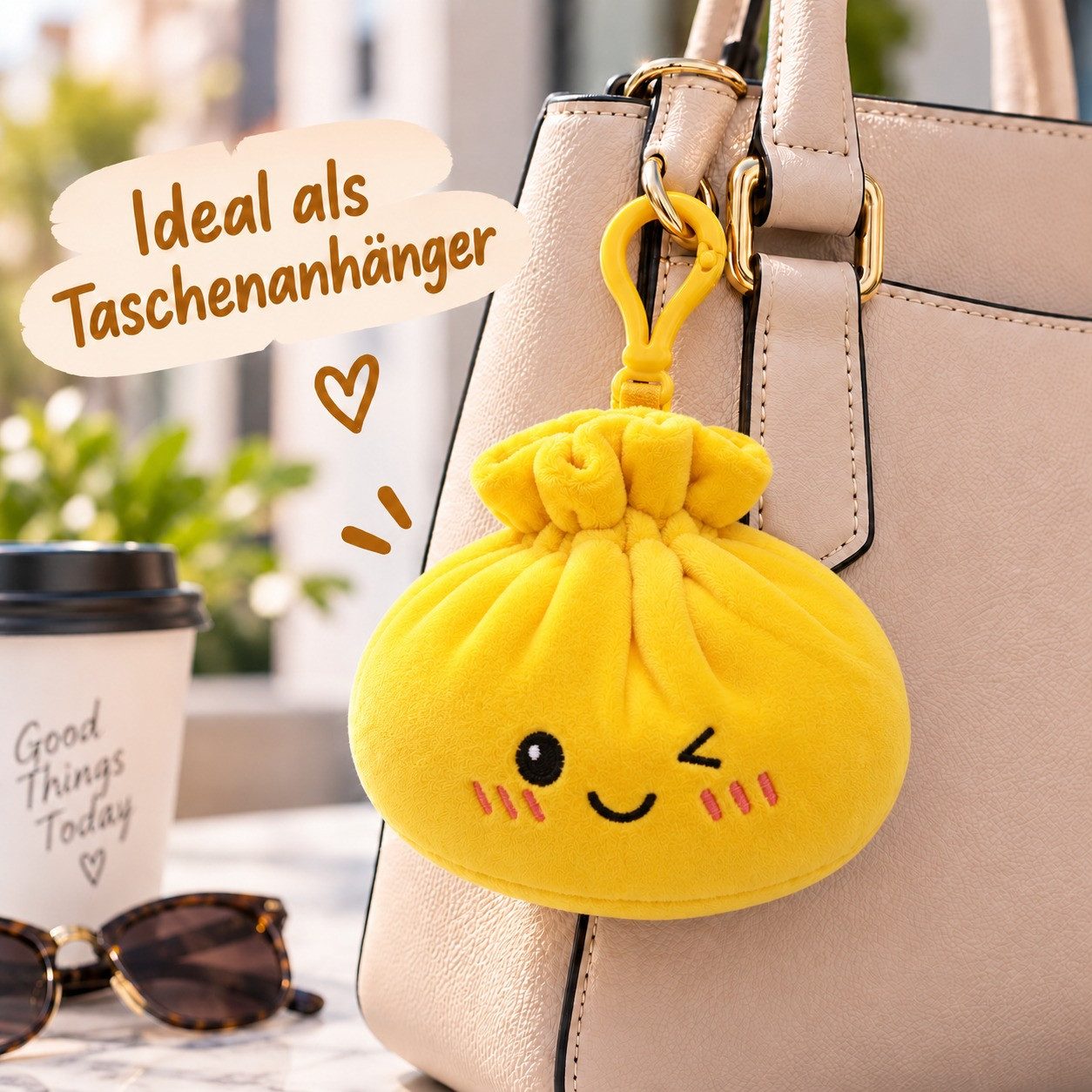 Bert Struis Gepäckanhänger Kawaii Dumpling Bagclip Taschenanhänger Schlüsselanhänger 12cm gelb (Set, 1-St., Geschenk-Set) Plüschanhänger mit niedlichem Kawaii-G – Bild 5 von 5
