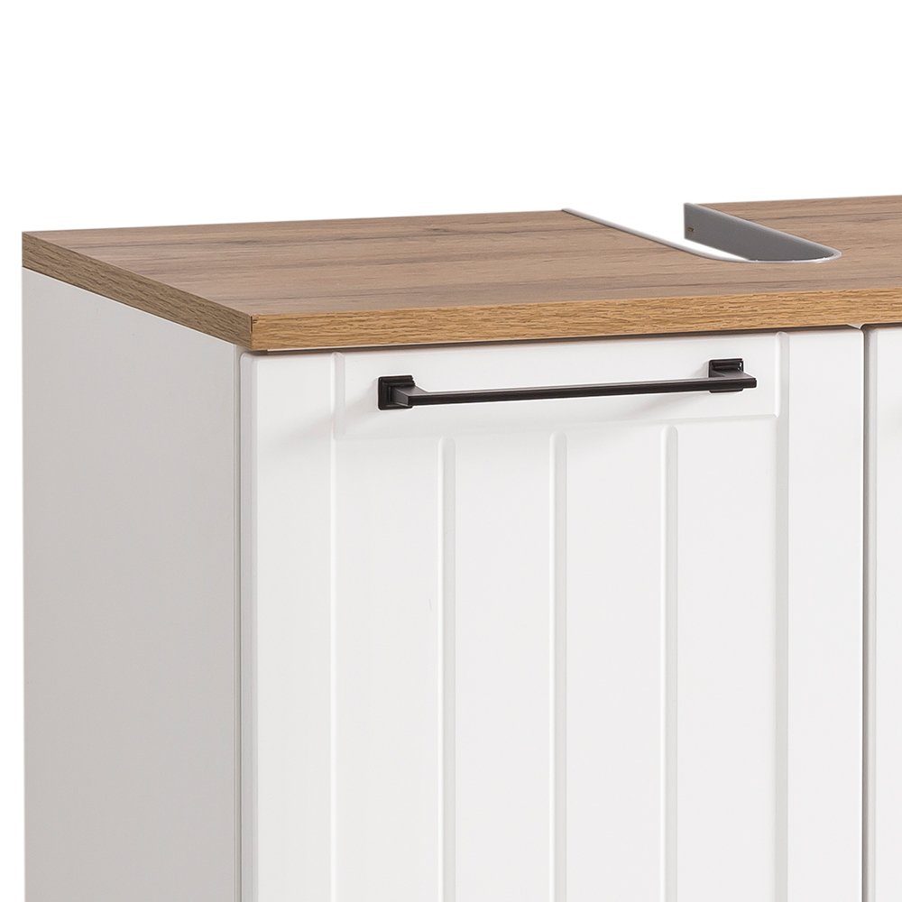 Lomadox Waschbeckenschrank JAUSA-80 Badmöbel im Landhaus-Stil, matt weiß mit Eiche Nb., 59,8/62,4/32,6 cm